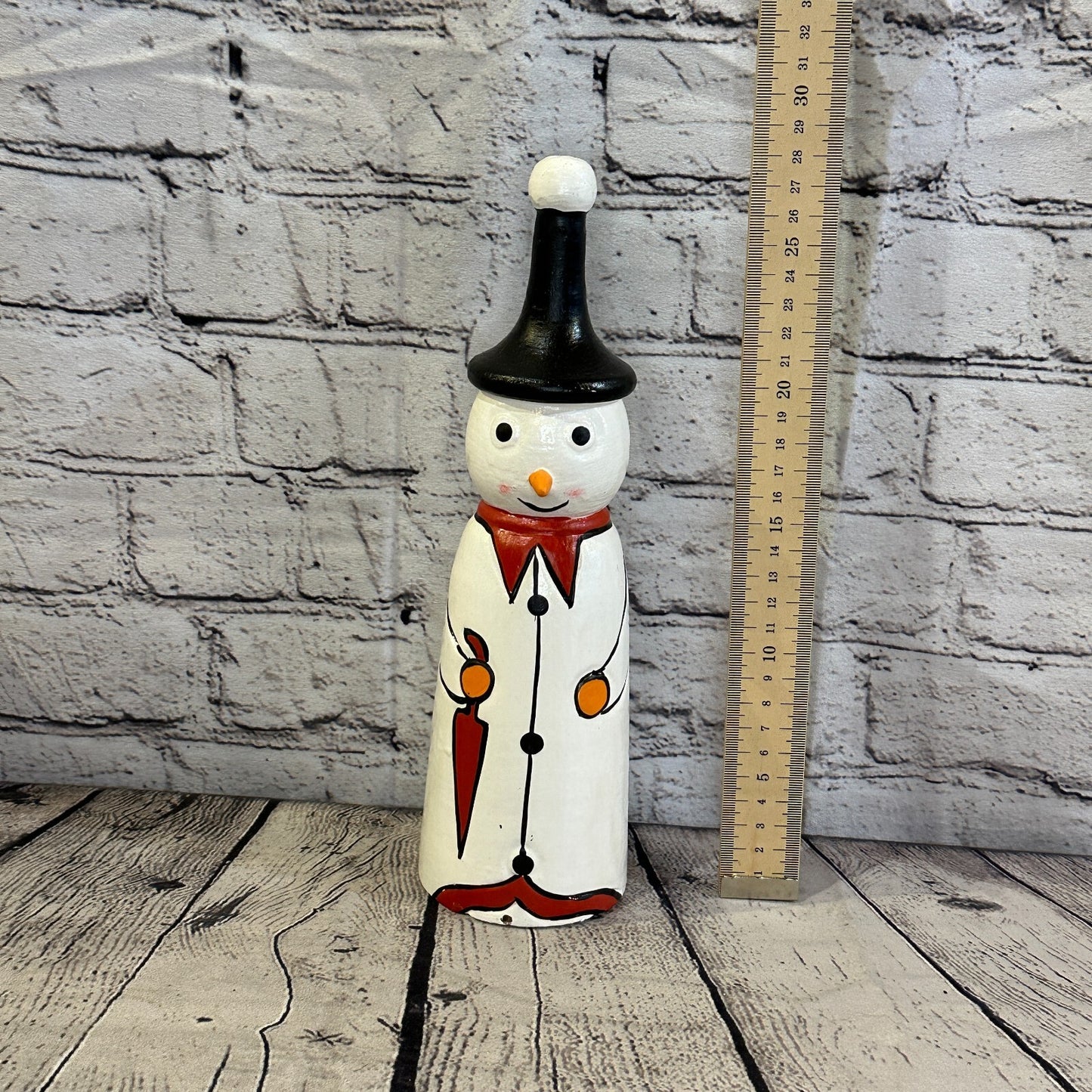 28cm x 8cm Black Pointy Hat Snowman Handcrafted Wood Xmas Christmas Ornament