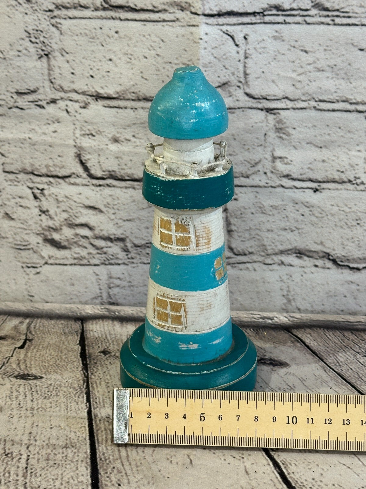 20cm Green White Wooden Lighthouse Ornament Nautical Coastal Sculpture Statue