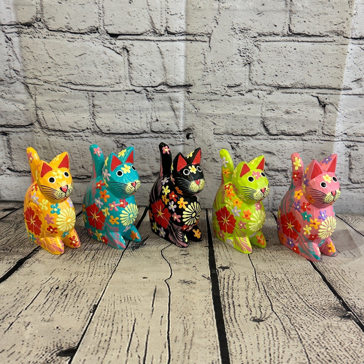 Blue Small Wooden Cat With Flower Pattern 12cm x 6cm Handmade and Fairtrade