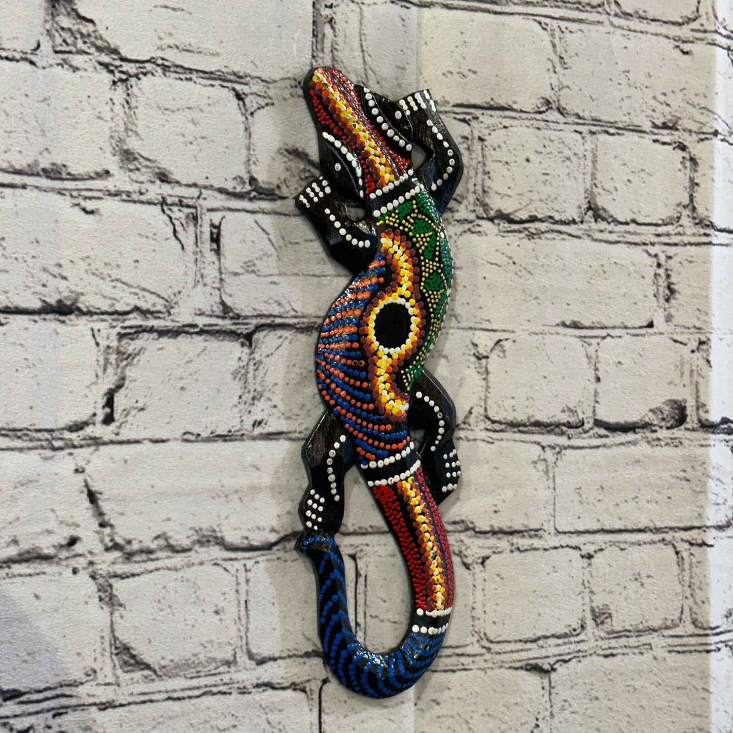 30cm Gecko Carved Wooden Dot Painted Ethnic Tribal Tiki Wall Handmade No 1