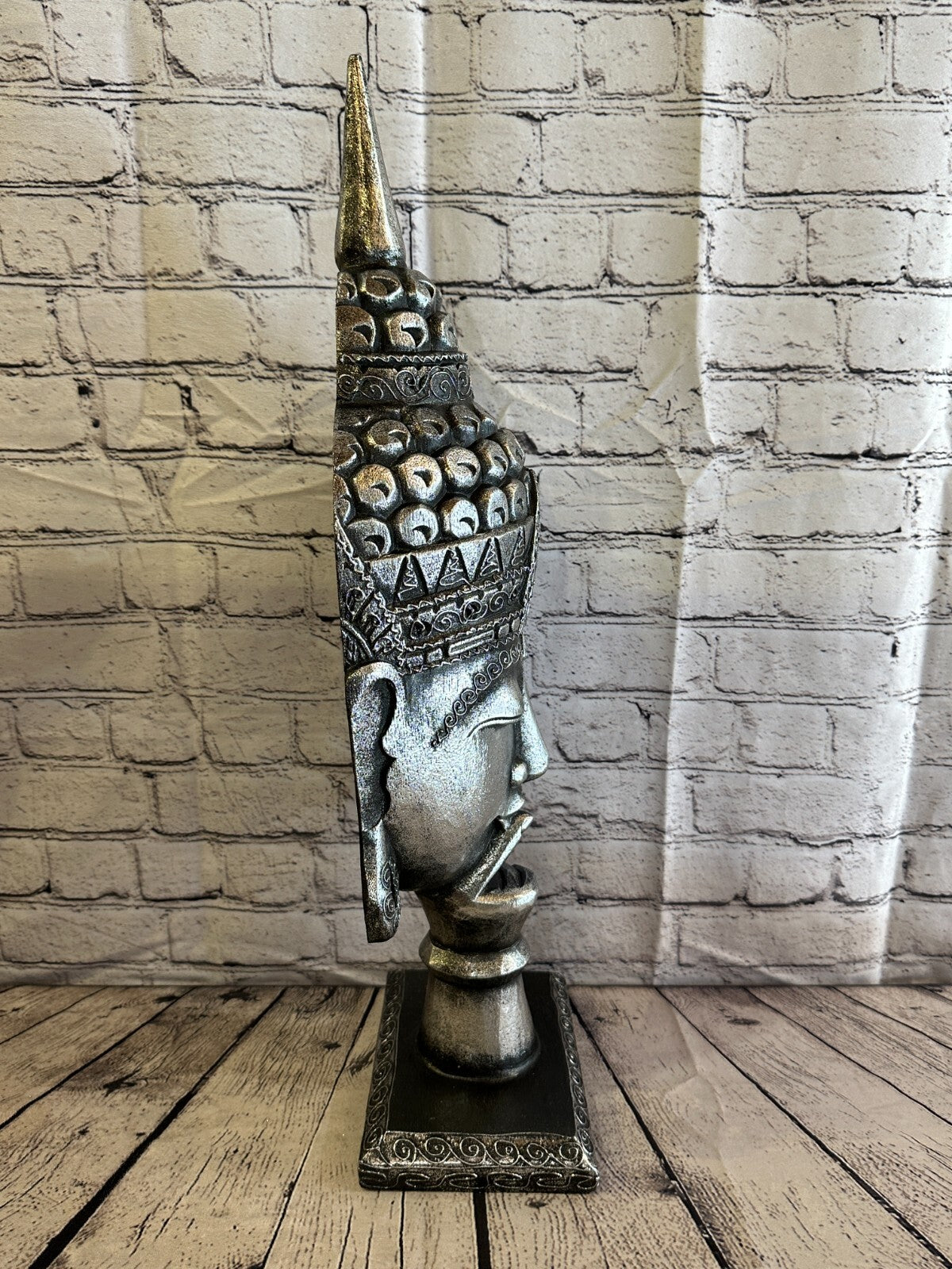 65cm Silver Buddha Head Wooden Standing Statue Figurine Ornament Fair Trade