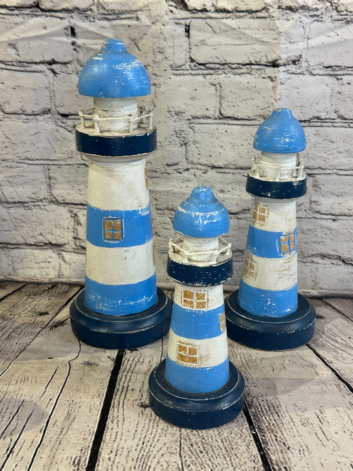 25cm Blue White Wooden Lighthouse Ornament Nautical Coastal Sculpture Statue