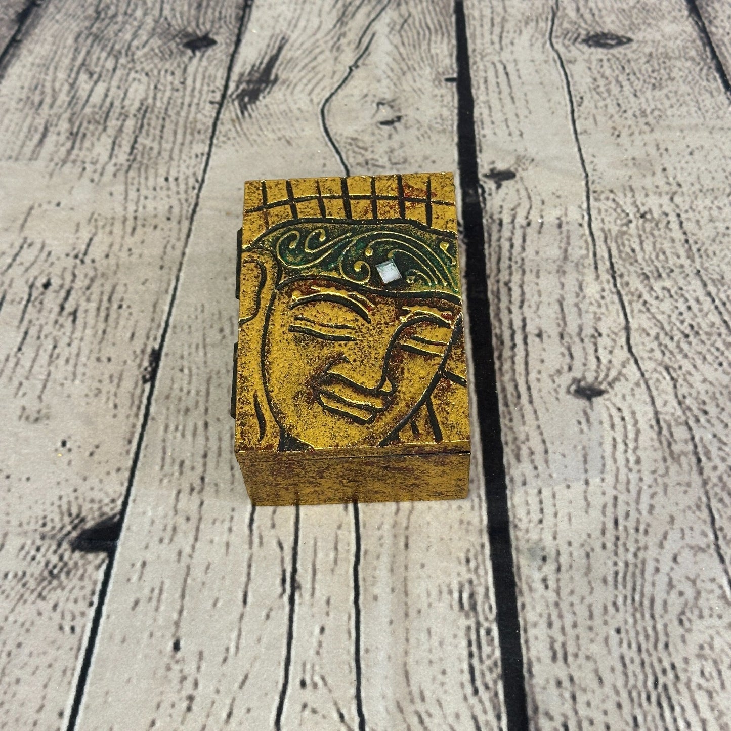 Bright Gold Thai Buddha Head Left 10cm x 7cm x 4cm Wooden Box Trinket Handmade
