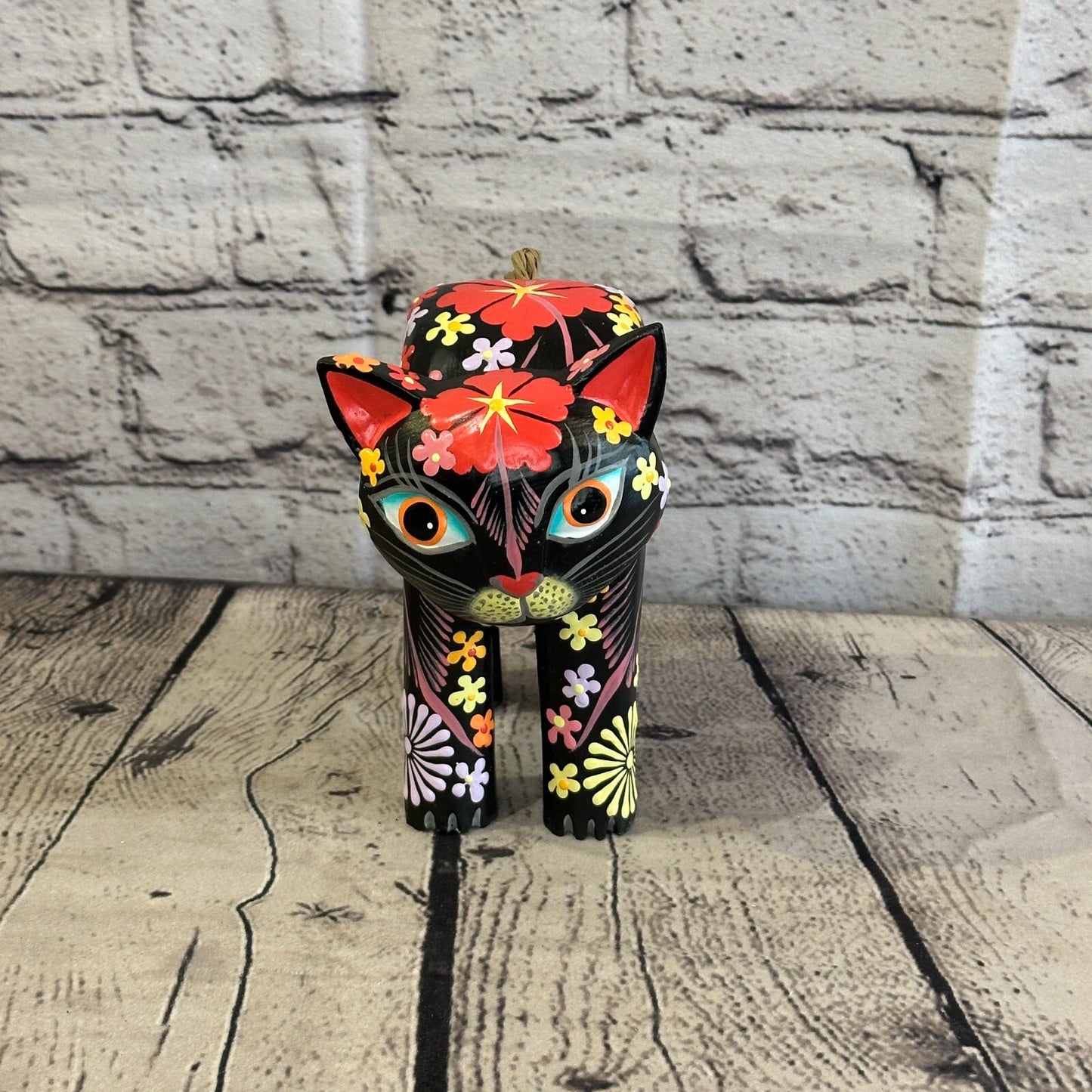 Black Large Wooden Cat With Flower Pattern 15cm x 10cm Handmade and Fairtrade