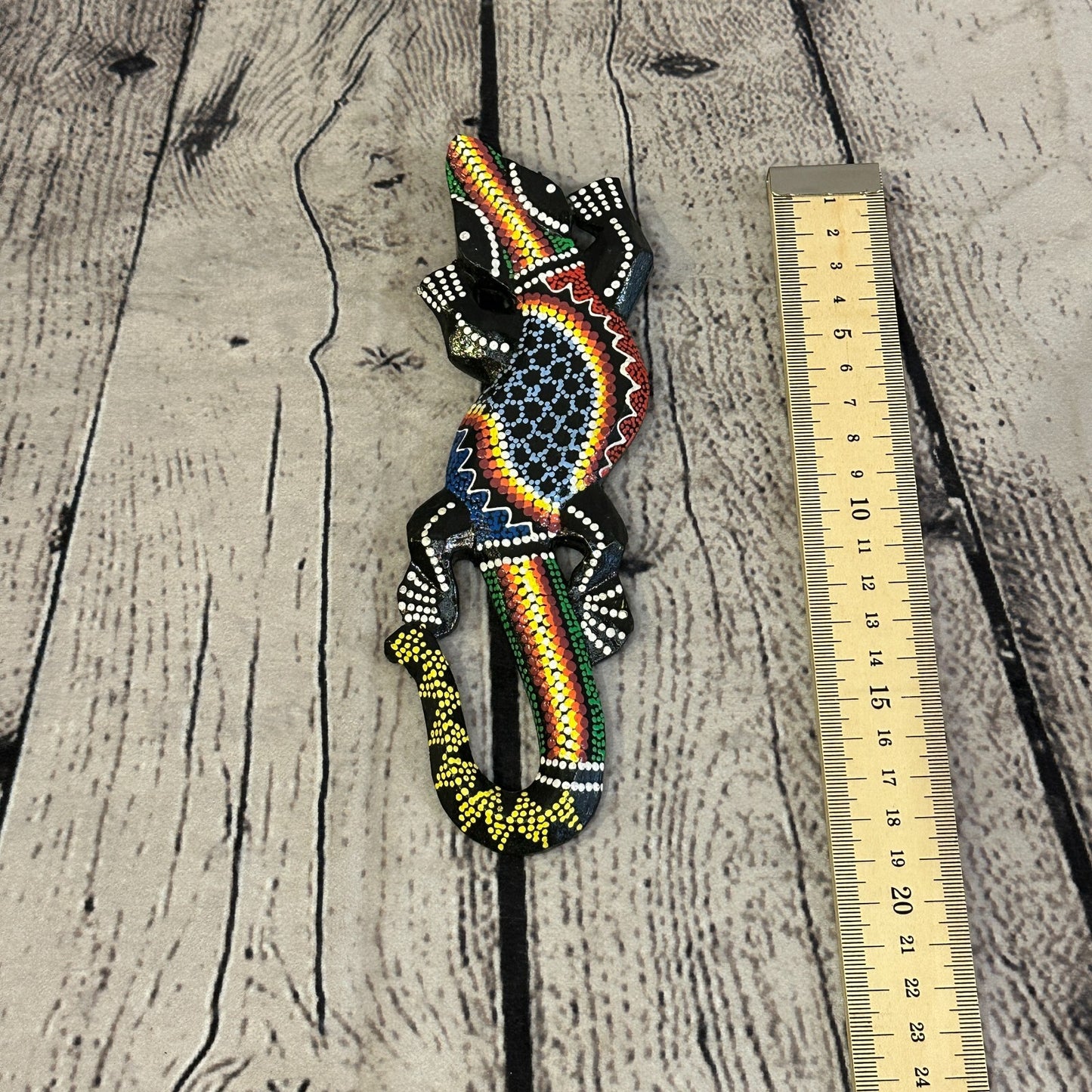 20cm Gecko Carved Wooden Dot Painted Ethnic Tribal Tiki Wall Handmade No 1
