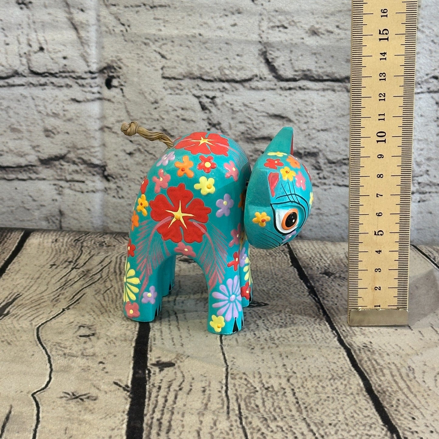 Blue Small Wooden Cat With Flower Pattern 10cm x 8cm Handmade and Fairtrade