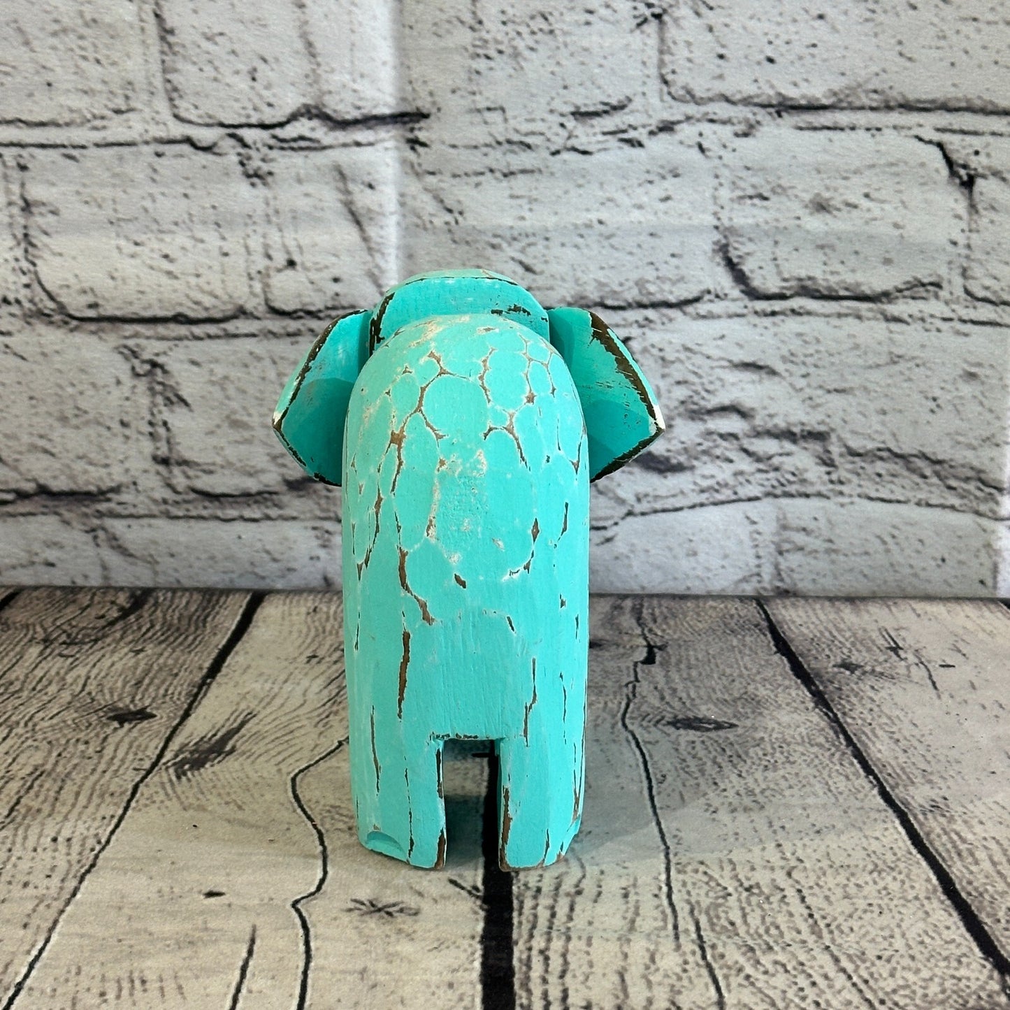 Green Wooden Elephant With Shabby Pattern 12cm x 12cm Handmade and Fairtrade