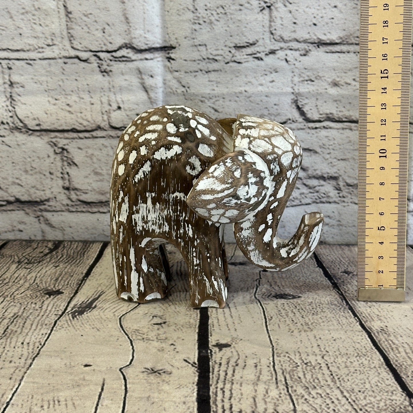 Brown Wooden Elephant With Shabby Pattern 12cm x 12cm Handmade and Fairtrade
