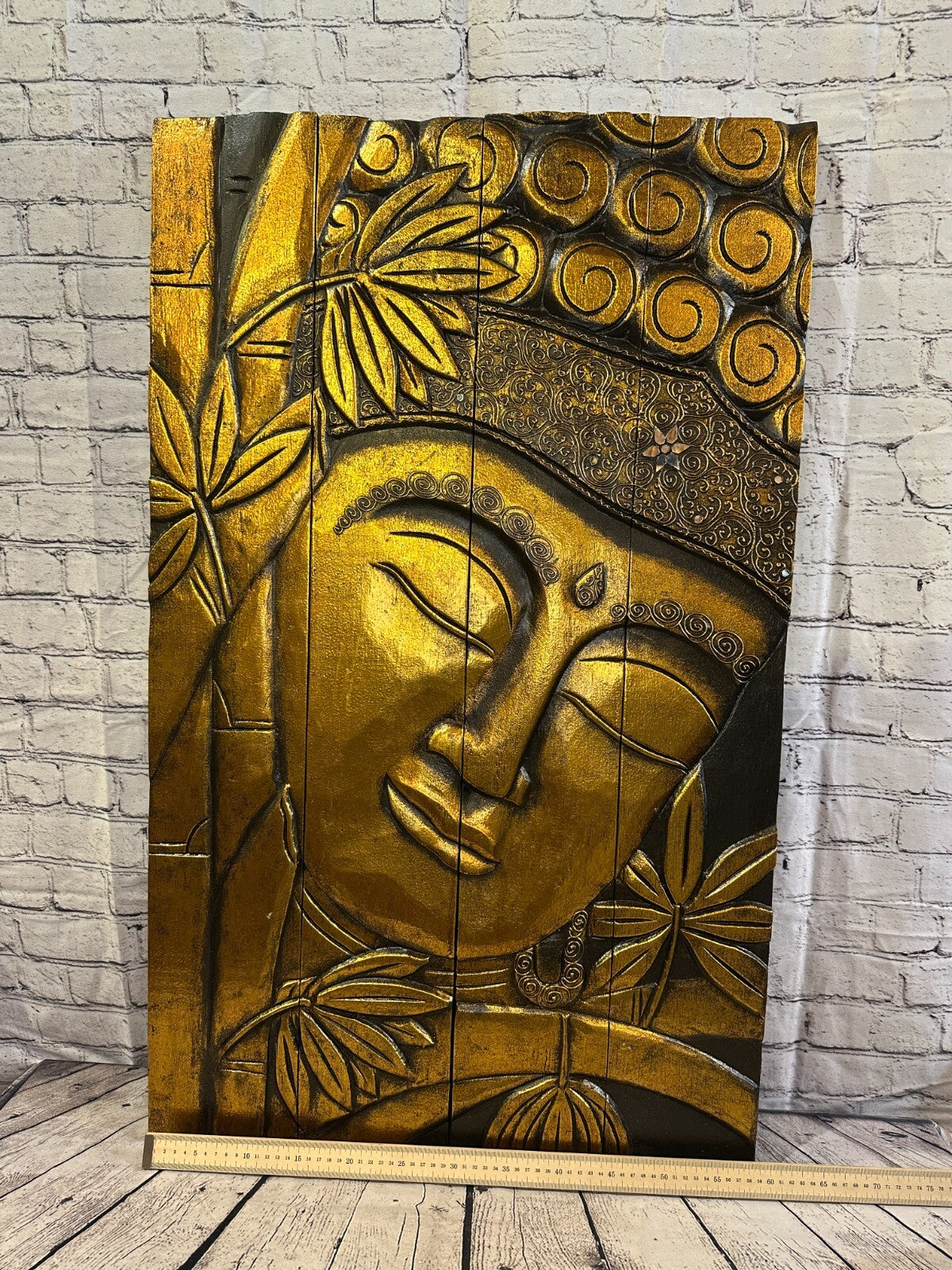 100cm x 60cm Buddha Gold Panel Wooden Wood Panel Wall Art Plaque Handcarved