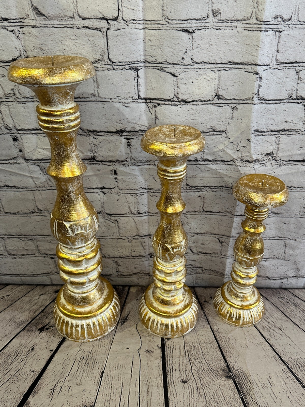 40cm Gold Tall Candlestick Shabby Chic Distressed Solid Column Candle Holder