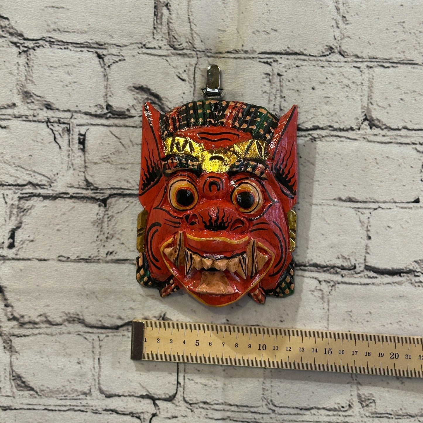 Small Wooden Red Barong Wall Mask 15cm x 12cm Handmade And Fairtrade Hindu