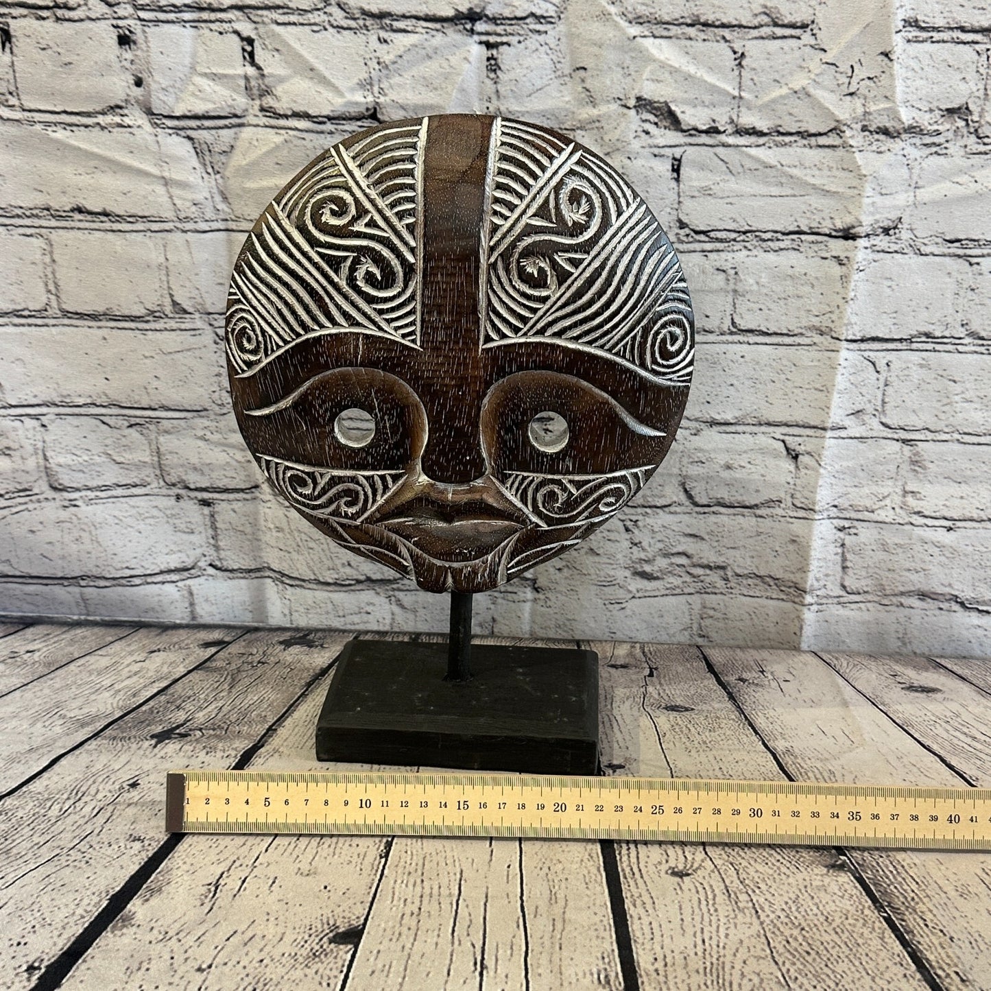 35cm x 25cm Wooden Tribal Primitive Black Mask Stand Sculpture Statue Art