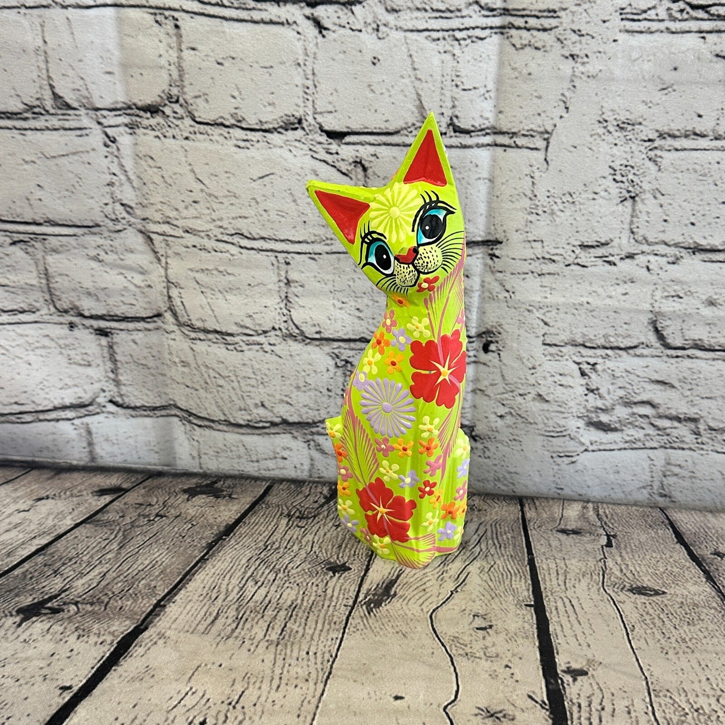 Green Flat Back Wooden Cat With Flower Pattern 25cm x 8cm Handmade and Fairtrade