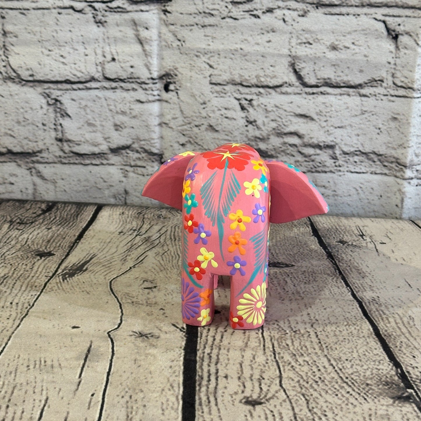 Pink Wooden Elephant With Flower Pattern 10cm x 12cm Handmade and Fairtrade