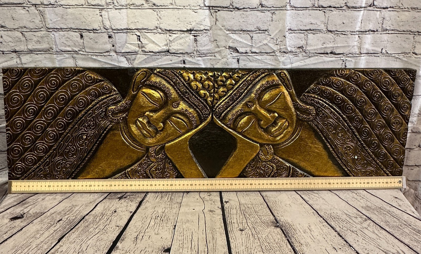 100cm x 30cm Buddha 2 Faces Gold Wooden Wood Panel Wall Art Plaque Handcarved