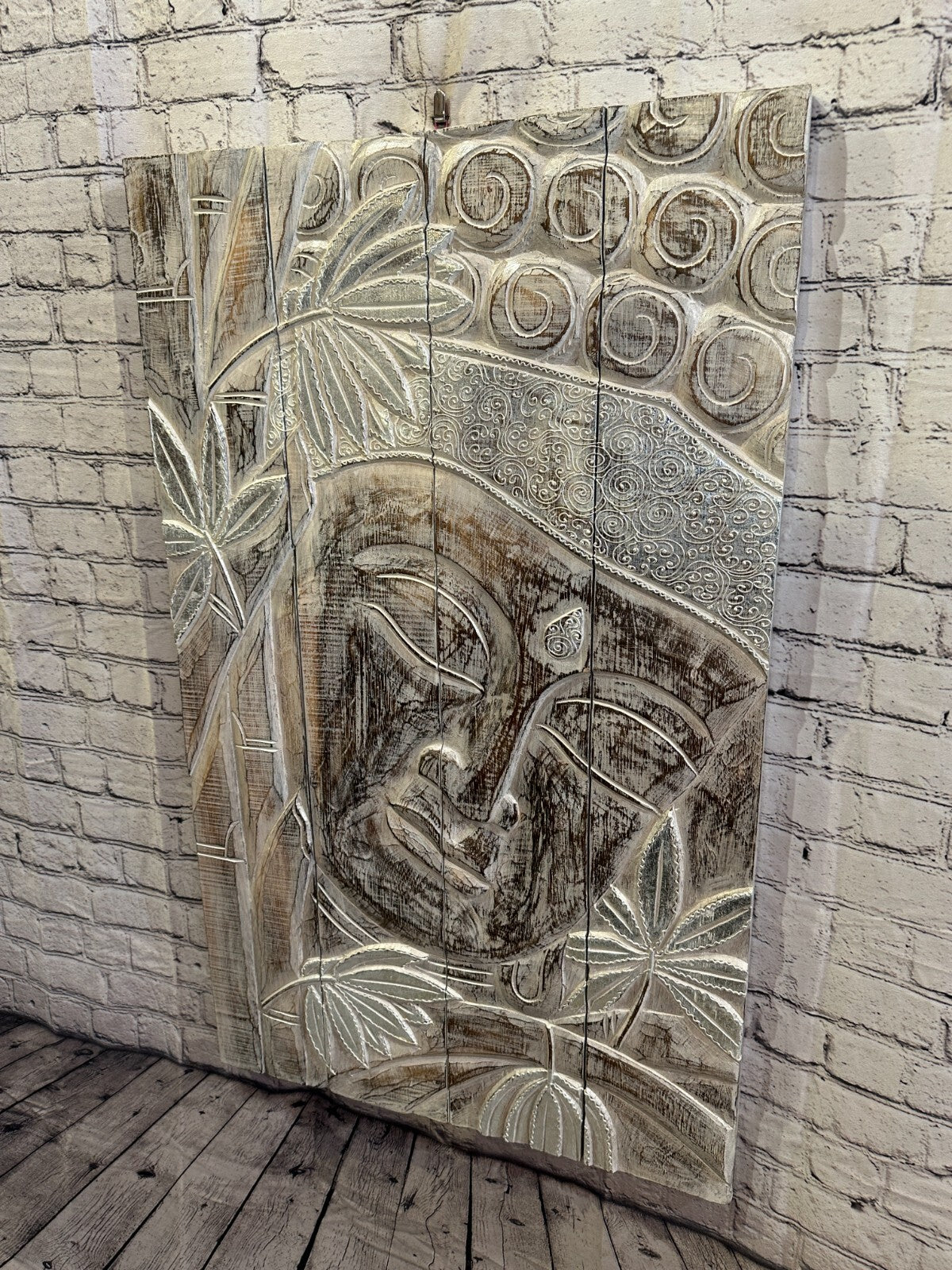 100cm x 60cm Buddha White Panel Wooden Wood Panel Wall Art Plaque Handcarved