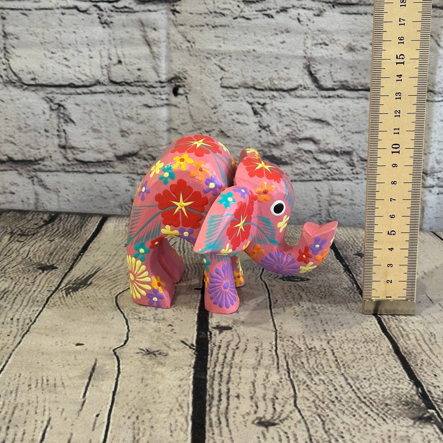 Pink Wooden Elephant With Flower Pattern 10cm x 12cm Handmade and Fairtrade