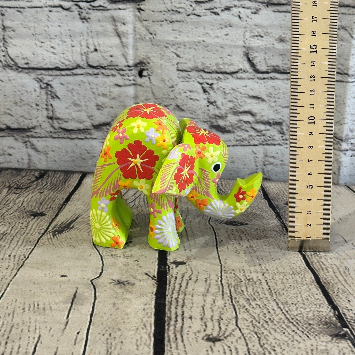 Green Wooden Elephant With Flower Pattern 10cm x 12cm Handmade and Fairtrade
