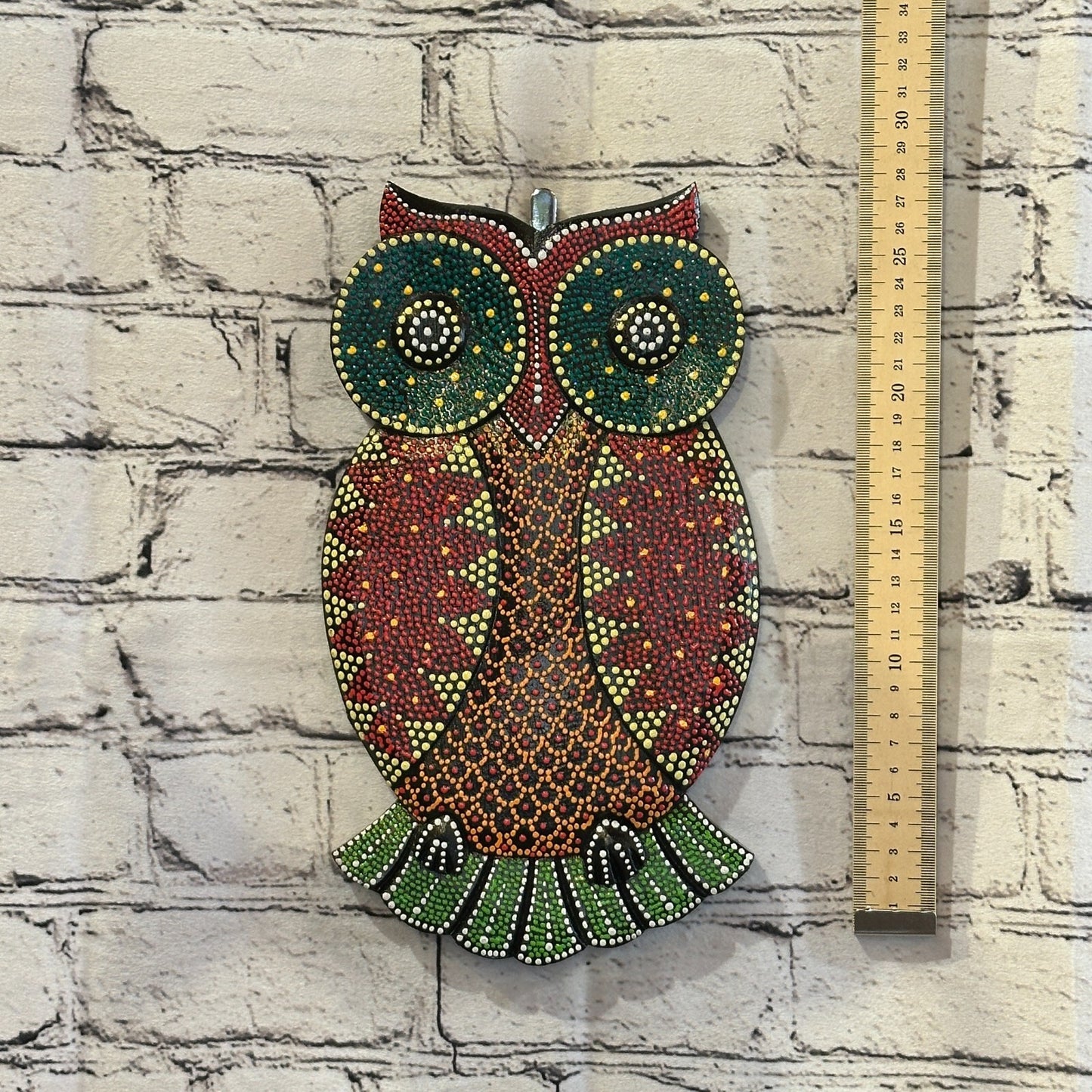 30cm Owl Carved Wooden Dot Painted Ethnic Tribal Tiki Wall Art Handmade No 4