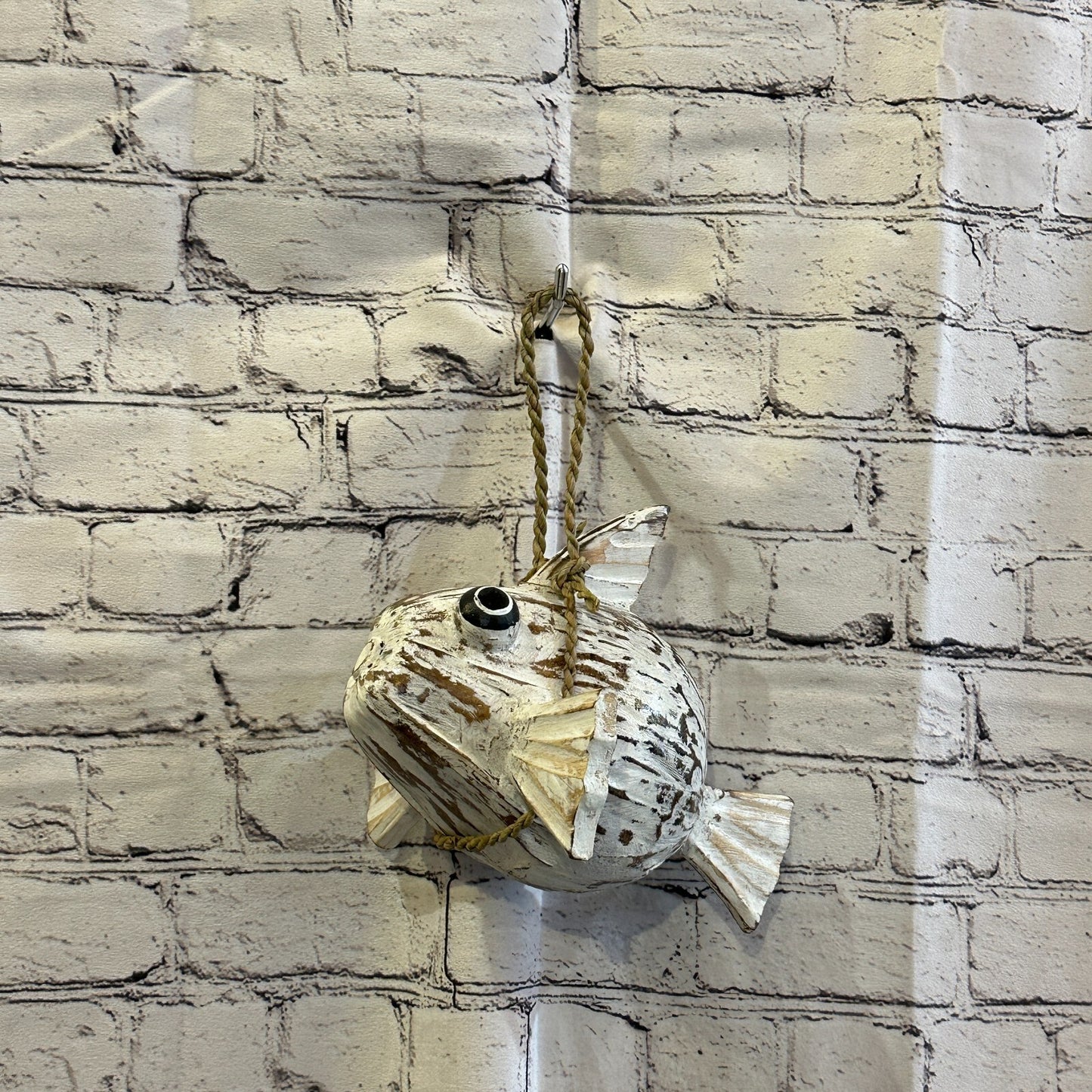 Plain White Folk Art Hand Painted Puffer Fish Coconut Shell Ornaments Hanging