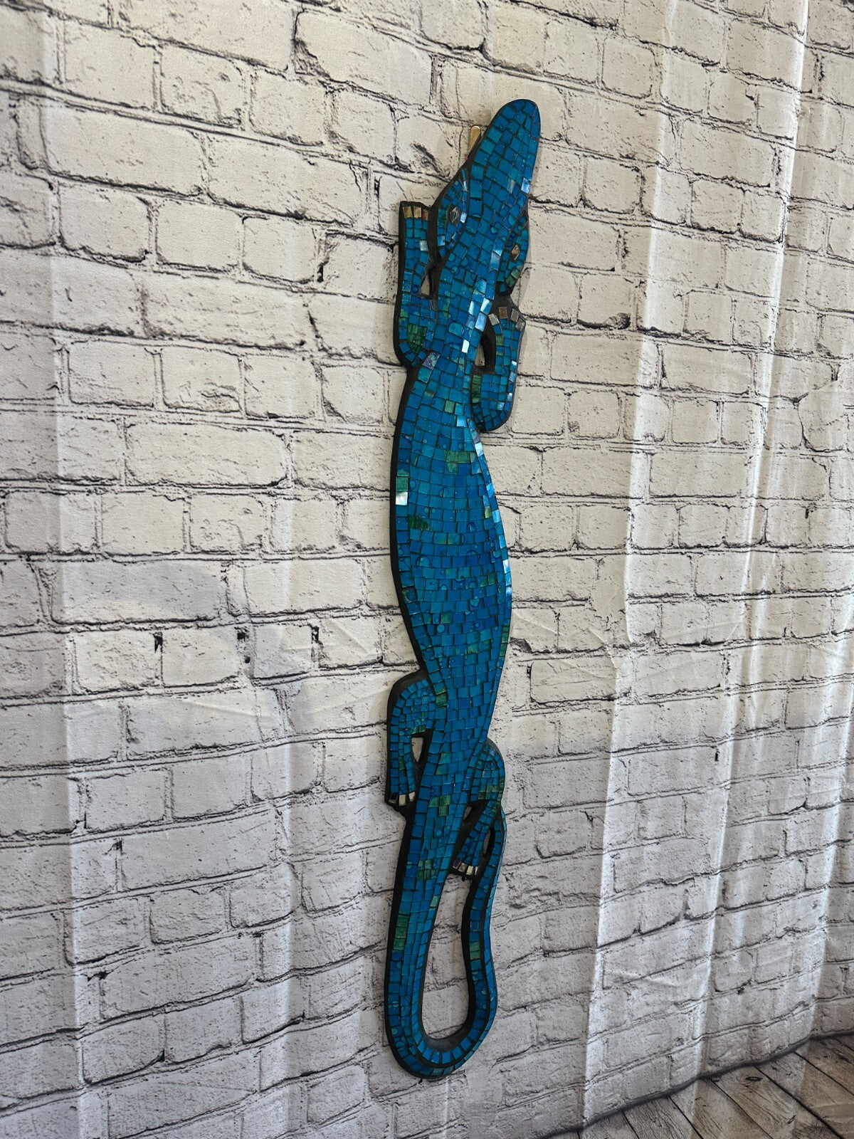 80cm Gecko Turquoise Blue Mosaic Wall Hanging Wooden Ornaments Wood Carving