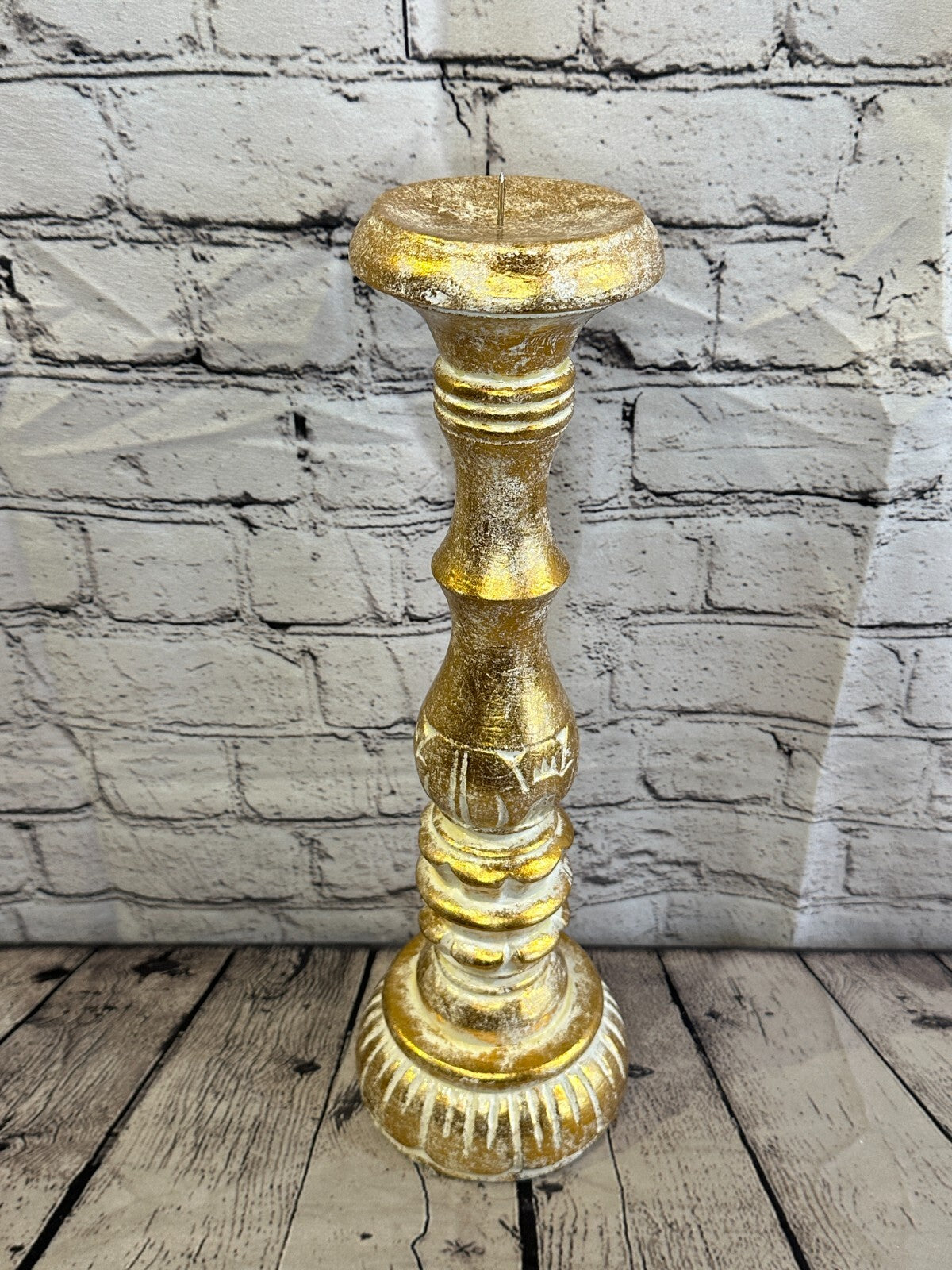 40cm Gold Tall Candlestick Shabby Chic Distressed Solid Column Candle Holder