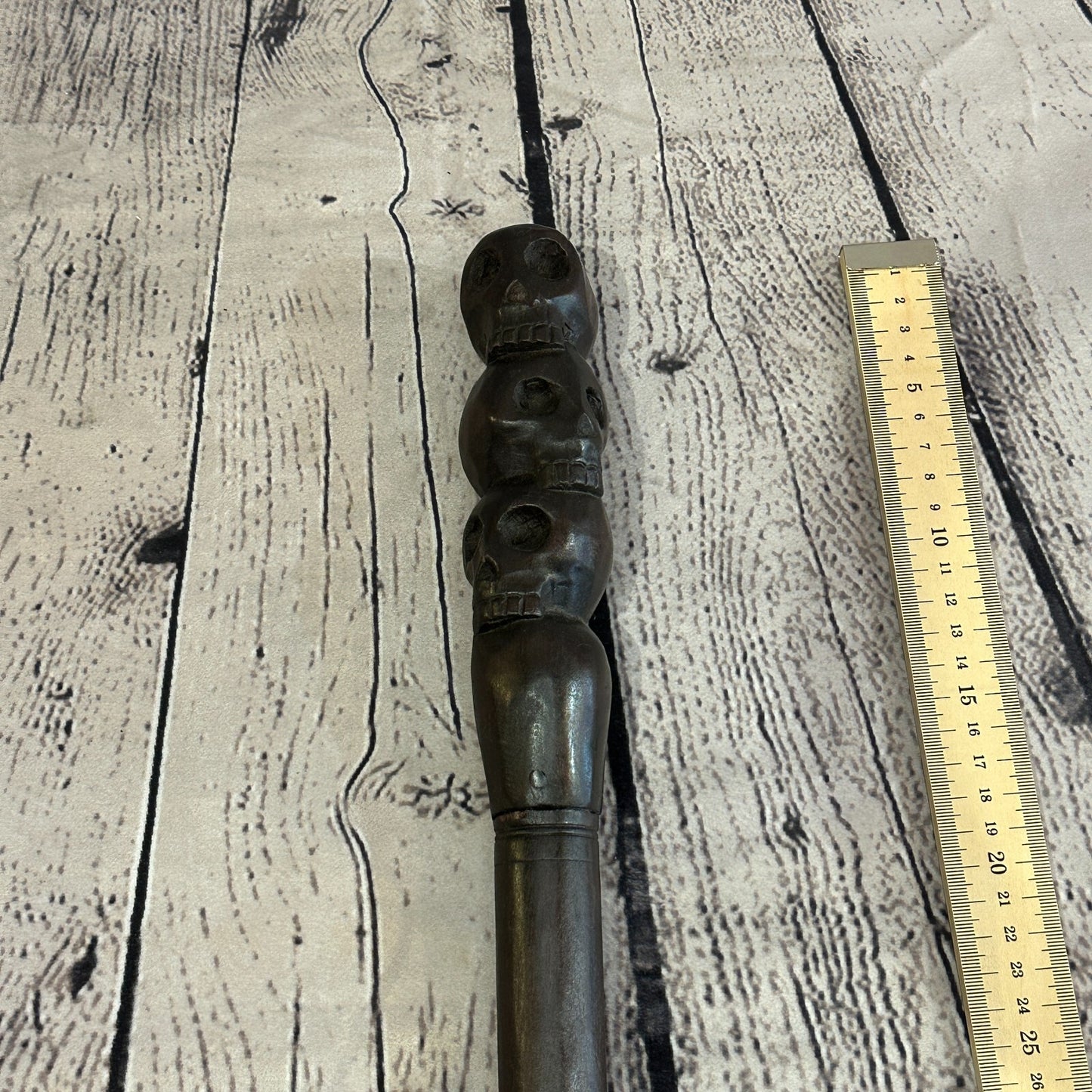 Pillar Three Skulls 90cm Tribal African Walking Stick Cane Hand Carved Dark Wood