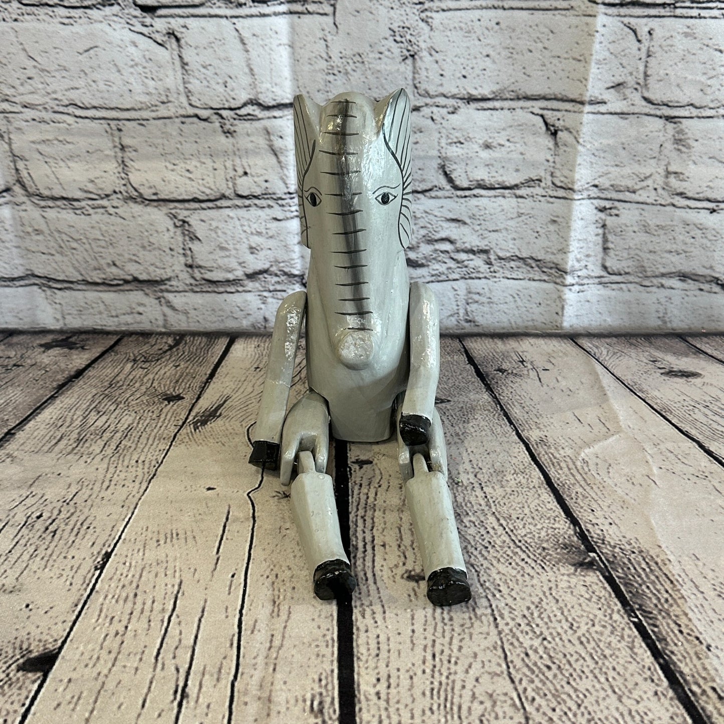 20cm Grey Elephant Sitting Animal, Wooden Shelf Ornament Handmade & Fairtrade