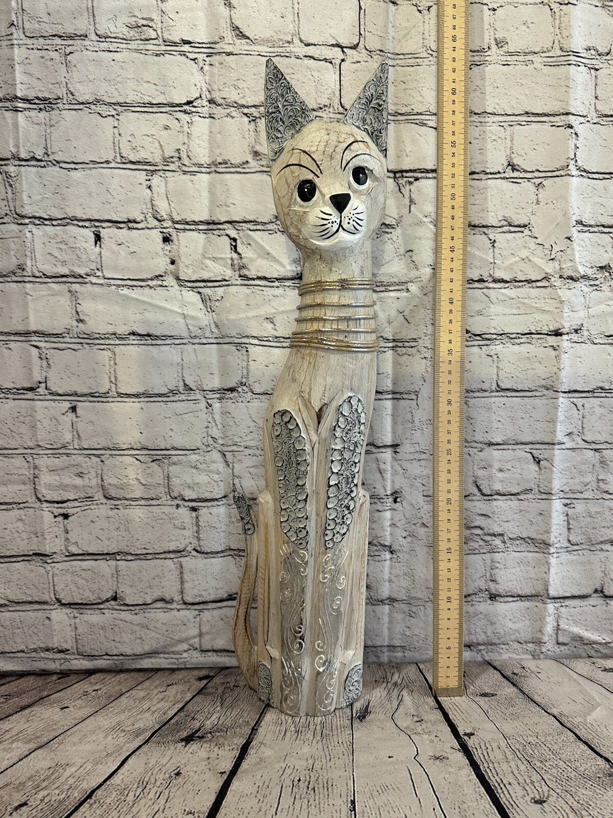 60cm White Swirl Flower Wooden Shabby Cat Statue Ornament Fair Trade Handcarved