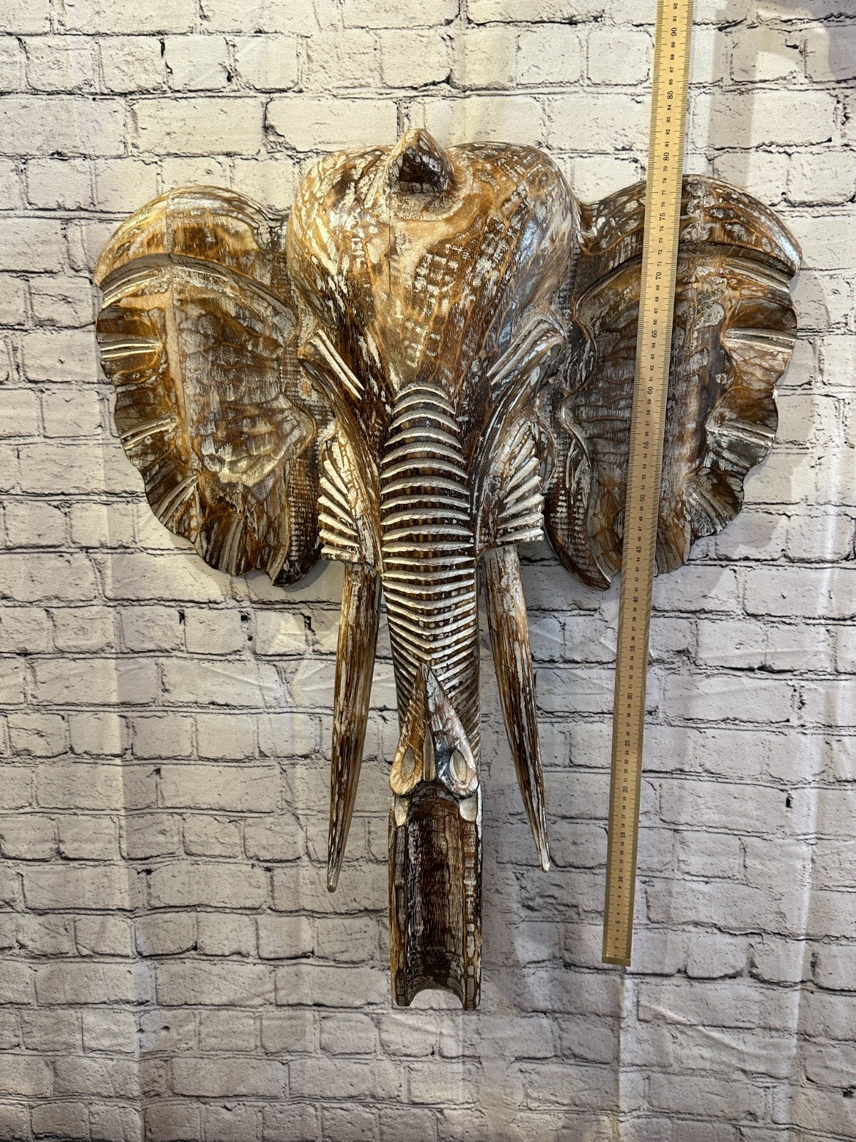 80cm x 60cm Brown Carved Wood Elephant Head Wall Mounted Art Large Shabby