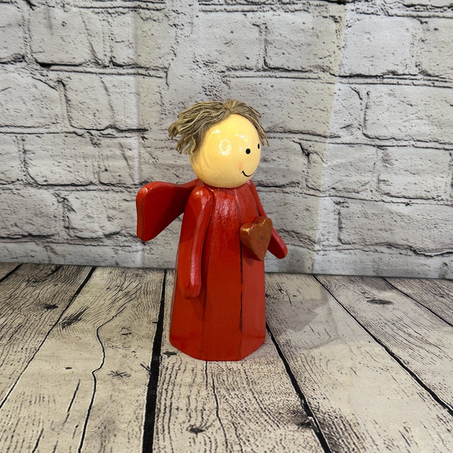 20cm x 8cm Red Cream Angel Red Heart Handcrafted Wood Xmas Christmas Ornament