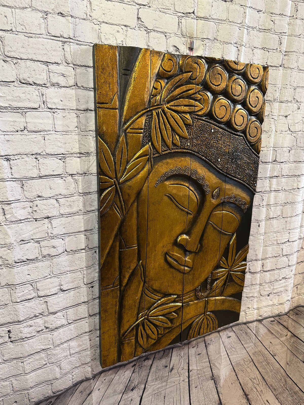 100cm x 60cm Buddha Gold Panel Wooden Wood Panel Wall Art Plaque Handcarved