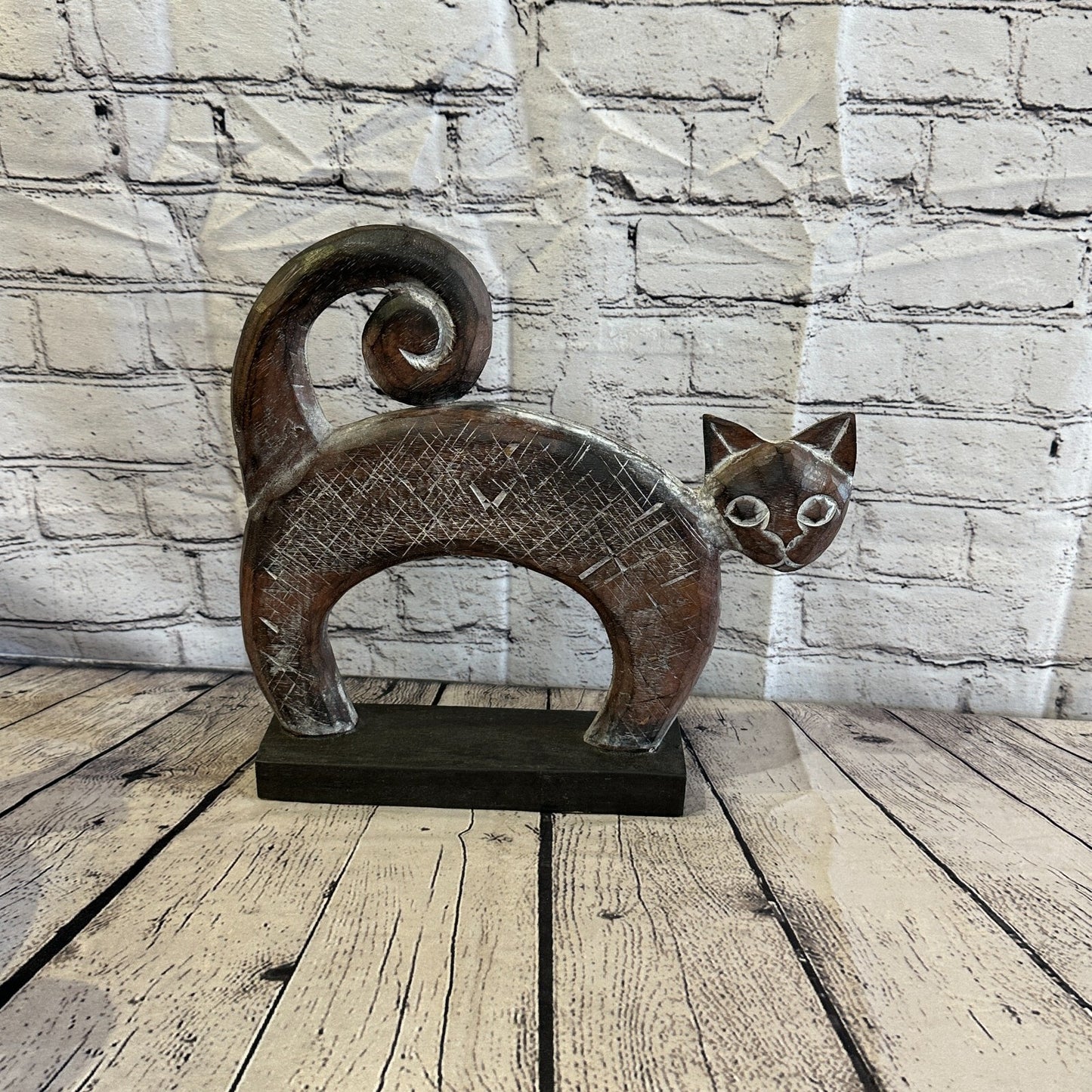 35cm x 35cm Wooden Tribal Primitive Black Cat Stand Sculpture Statue Art