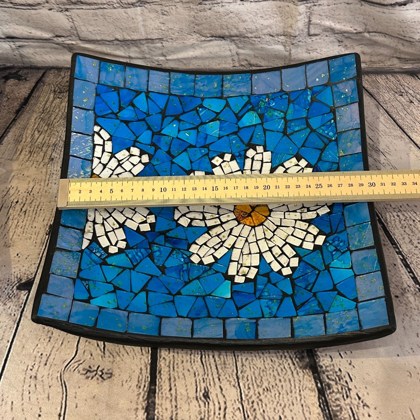 30cm Blue Daisy Flower Square Mosaic Handmade Ceramic Glass Tile Bowl Fruit