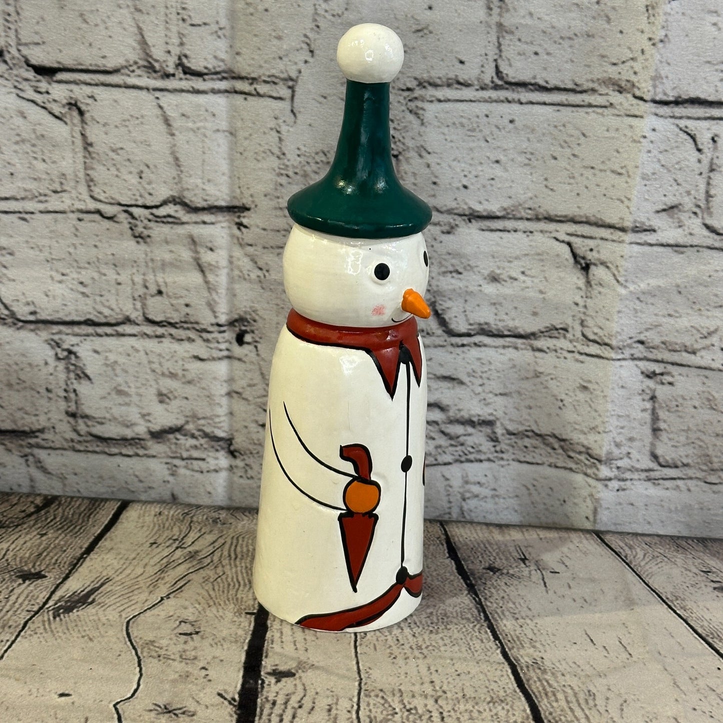 24cm x 6cm Green Pointy Hat Snowman Handcrafted Wood Xmas Christmas Ornament