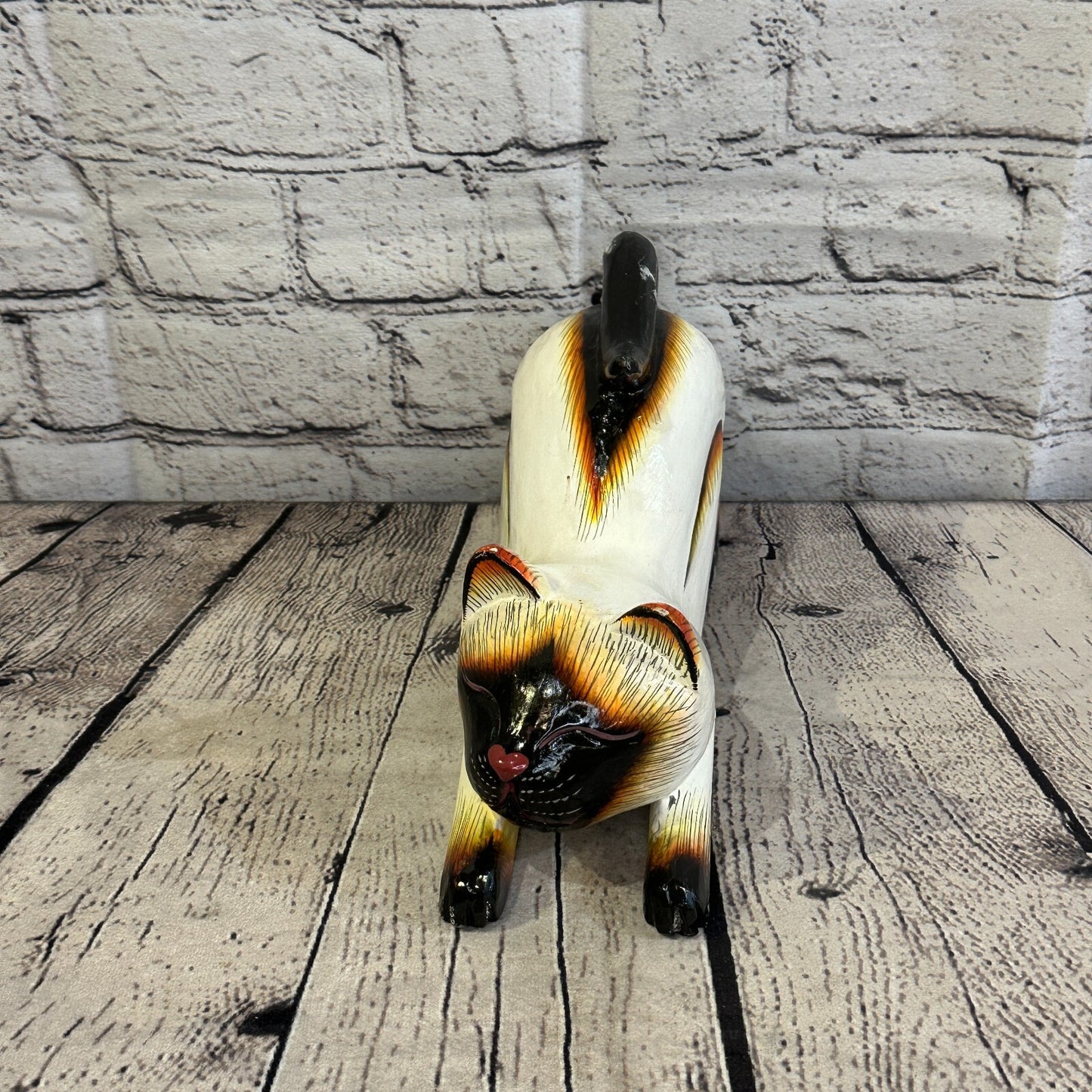 22cm x 14cm Siamese Style Painted Wooden Hand Carved Stretching Cat Wooden