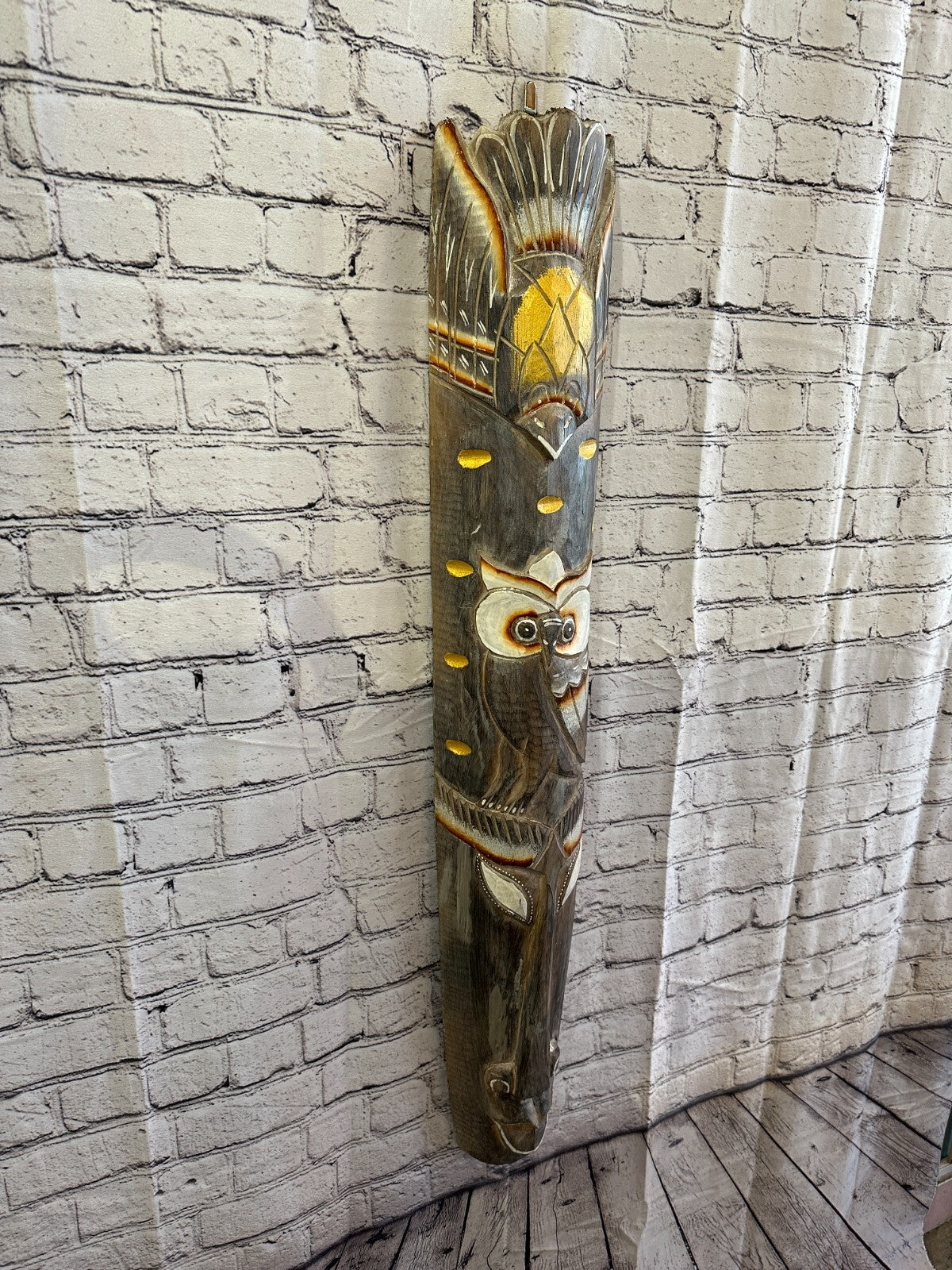 100cm Light Grey Owl Hand Carved Fair Trade Wooden Animal Wall Art Hang Mask