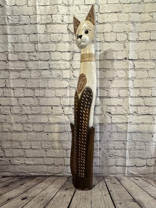 100cm Brown White Flower Wooden Shabby Cat Statue Ornament Fair Trade Handcarved