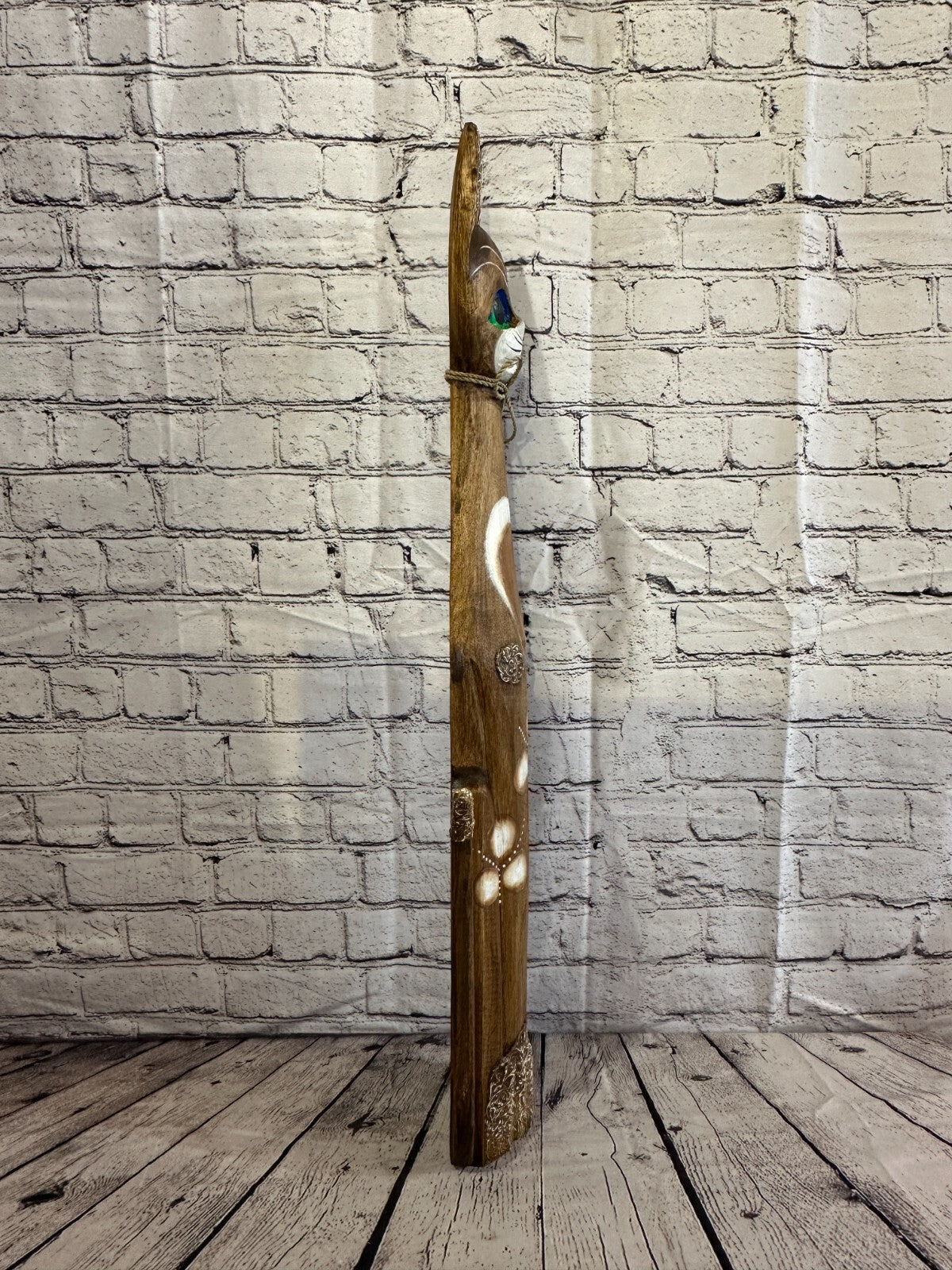 80cm Brown Swirl Flower Wooden Shabby Cat Statue Ornament Fair Trade Handcarved