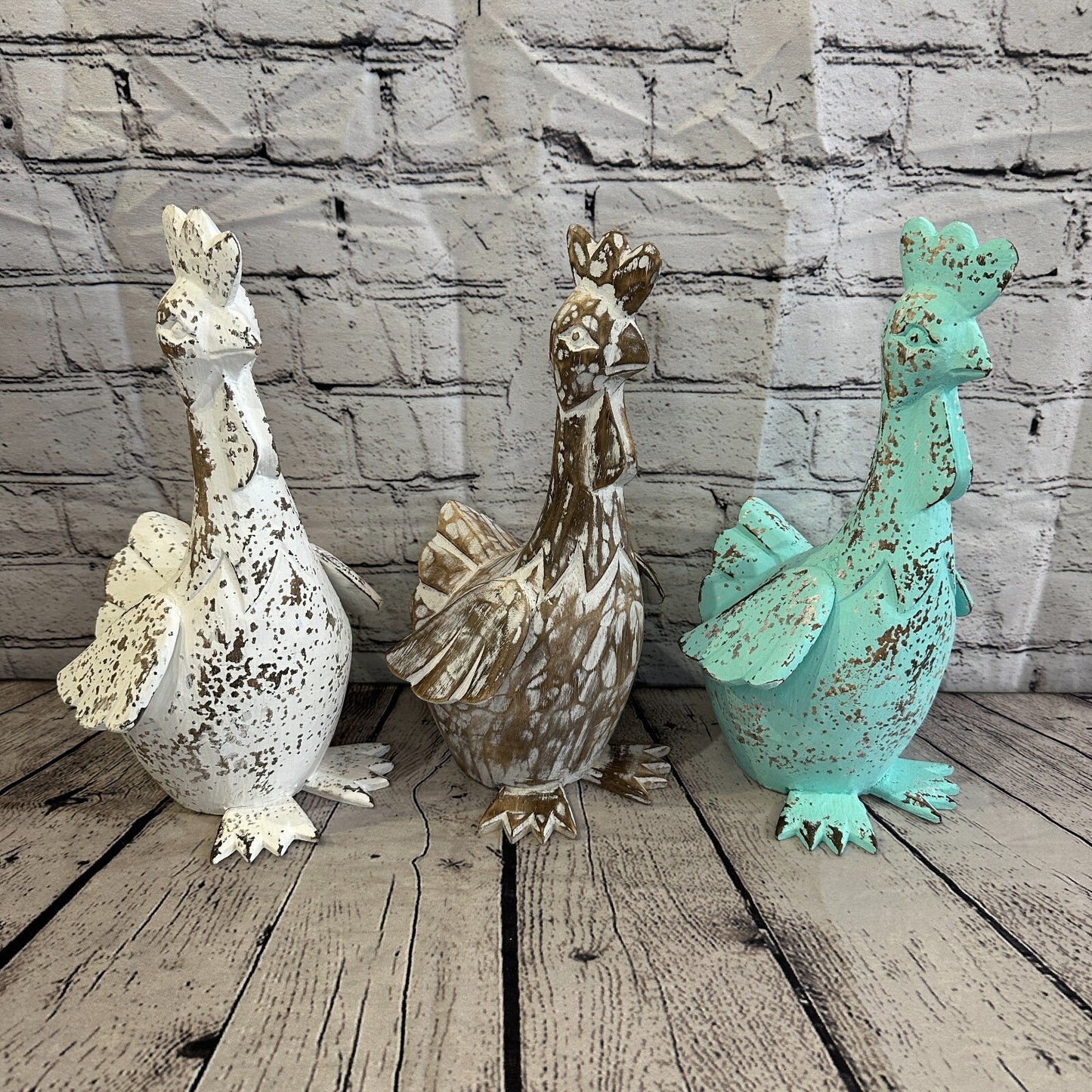 30cm x 15cm Green Shabby Wooden Rooster Cockerel Retro Collectable Hand Carved
