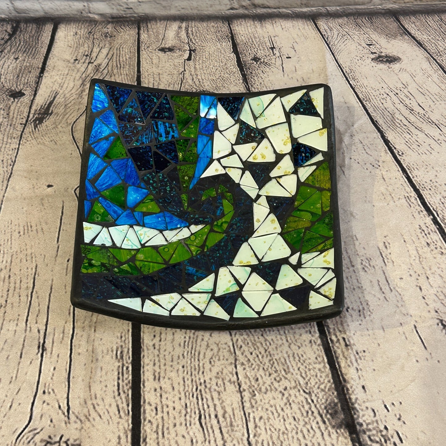 20cm Blue Green Swirl Square Mosaic Handmade Ceramic Glass Tile Bowl Fruit