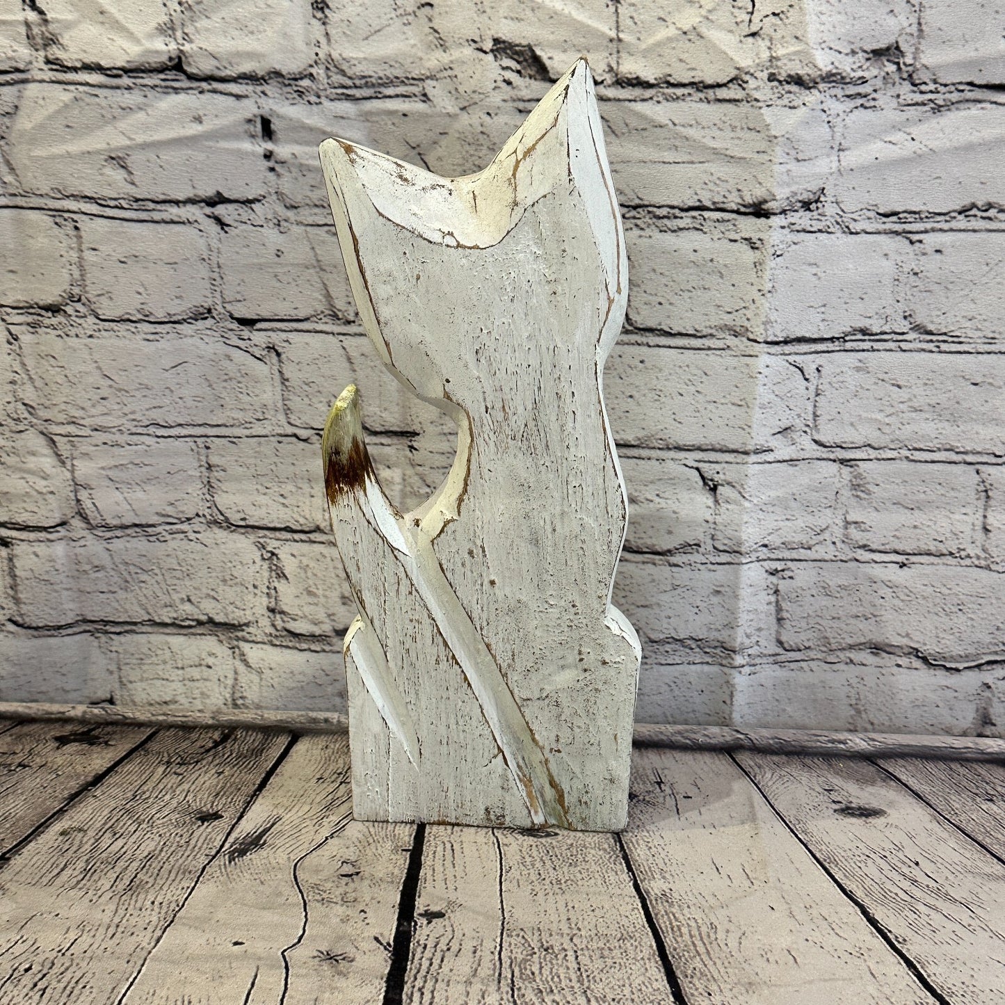 35cm x 15cm White Flower Wooden Shabby Cat Statue Ornament Fair Trade Handcarved