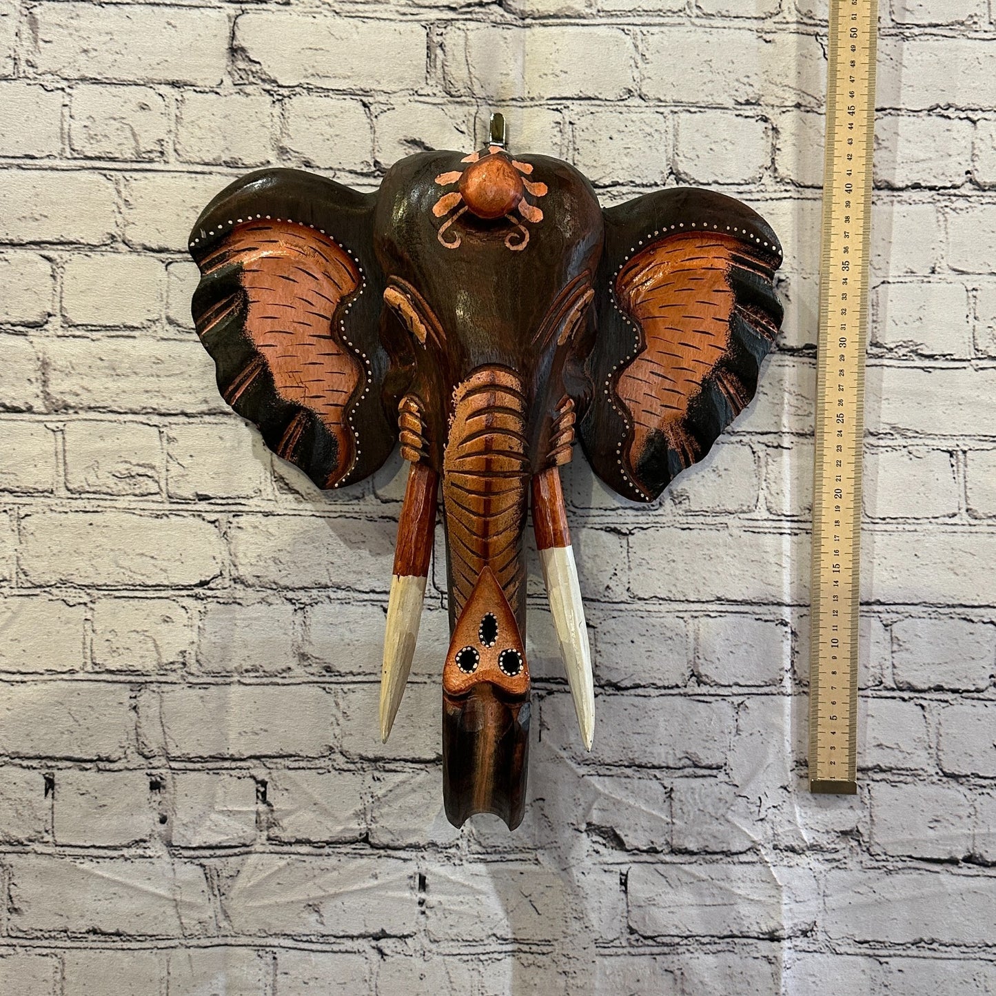 45cm x 35cm Brown Painted Wood Elephant Head Wall Mounted Art Large Shabby