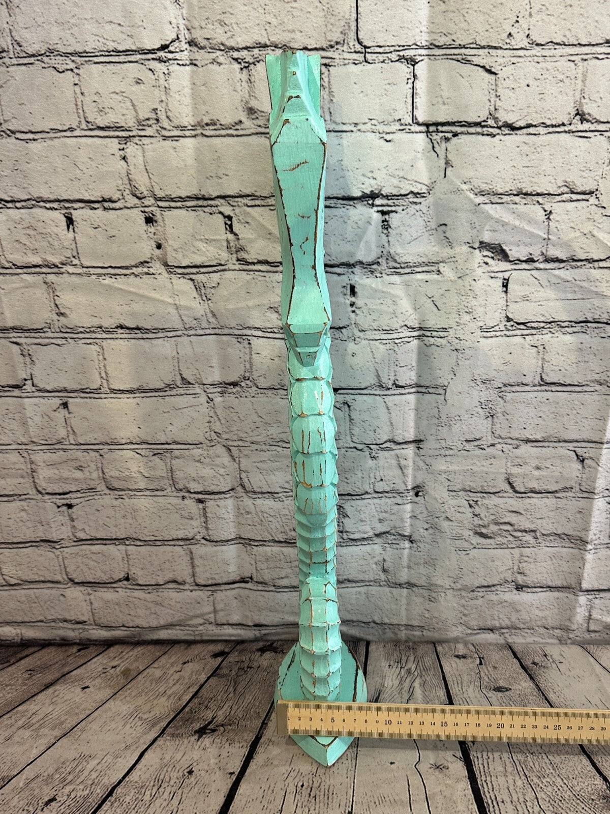 60cm Green Plain Wooden Shabby Seahorse Statue Ornament Fair Trade Handcarved