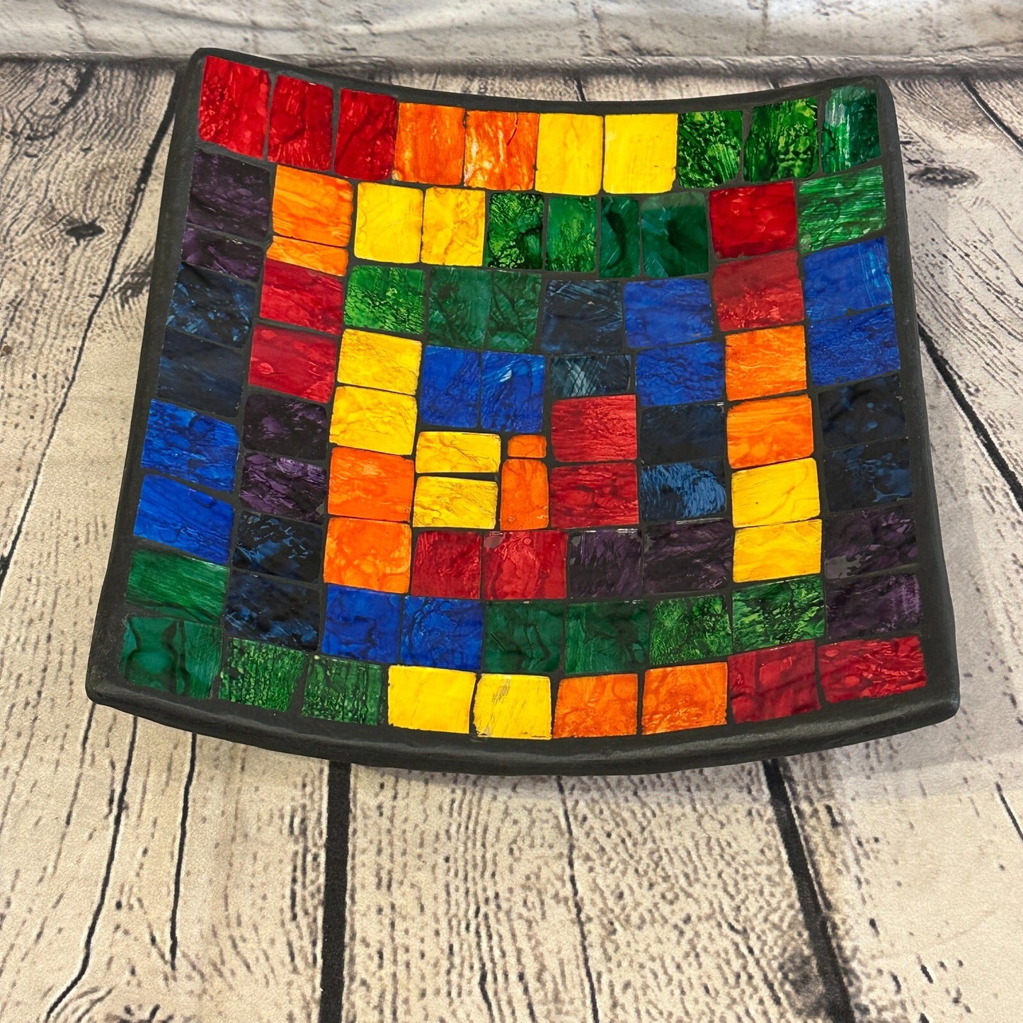 25cm Rainbow Blocks Square Mosaic Handmade Ceramic Glass Tile Bowl Fruit