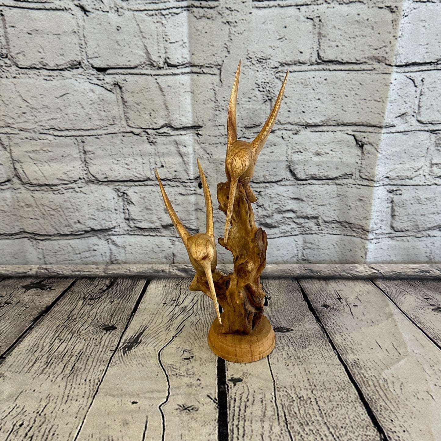 25cm Double Humming Bird Mushroom Parasite Ornament Natural Carving Wooden