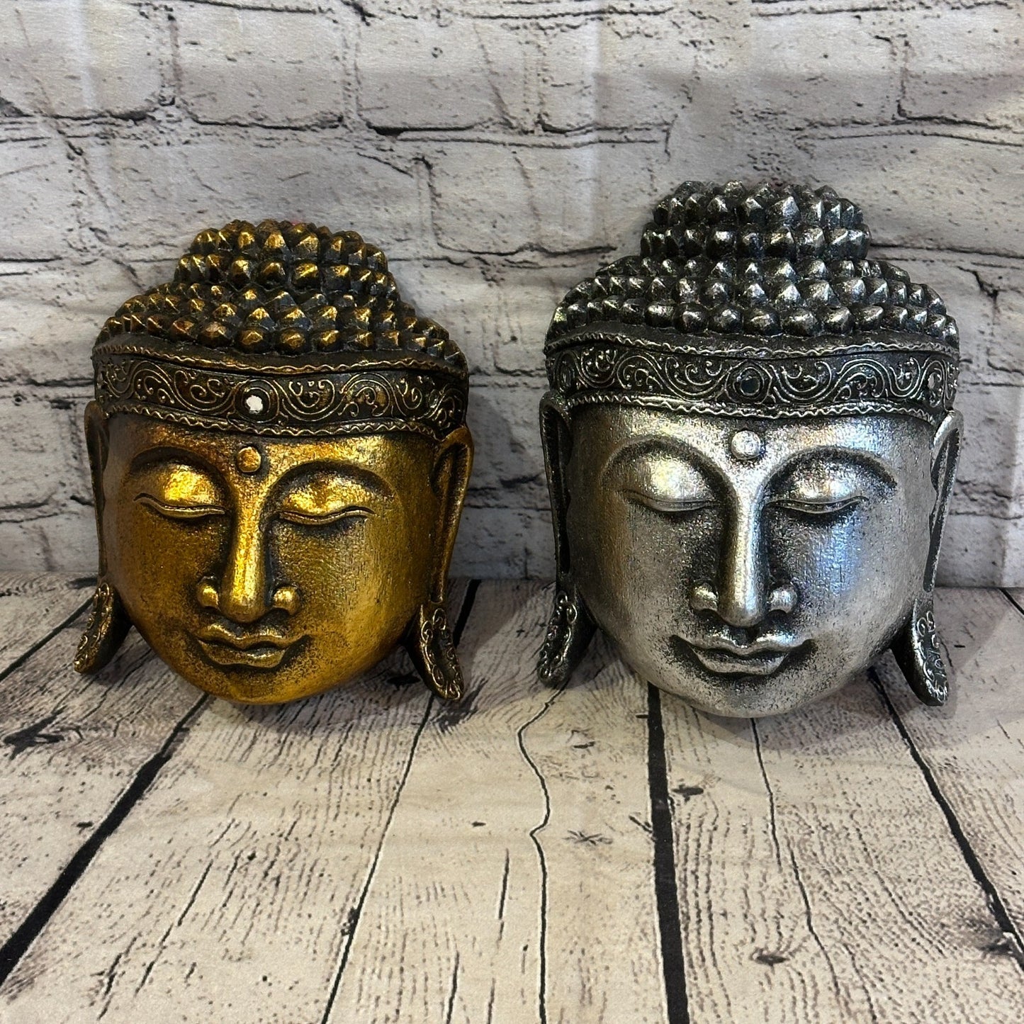 25cm Silver Buddha Head Mask Wooden Hanging Statue Figurine Ornament Fair Trade