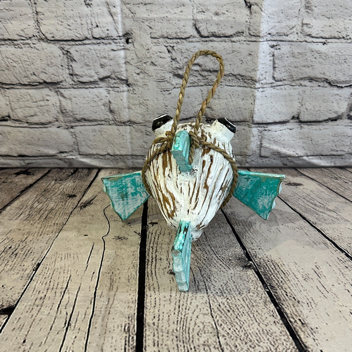 Green White Folk Art Hand Painted Shark Fish Coconut Shell Ornaments Hanging