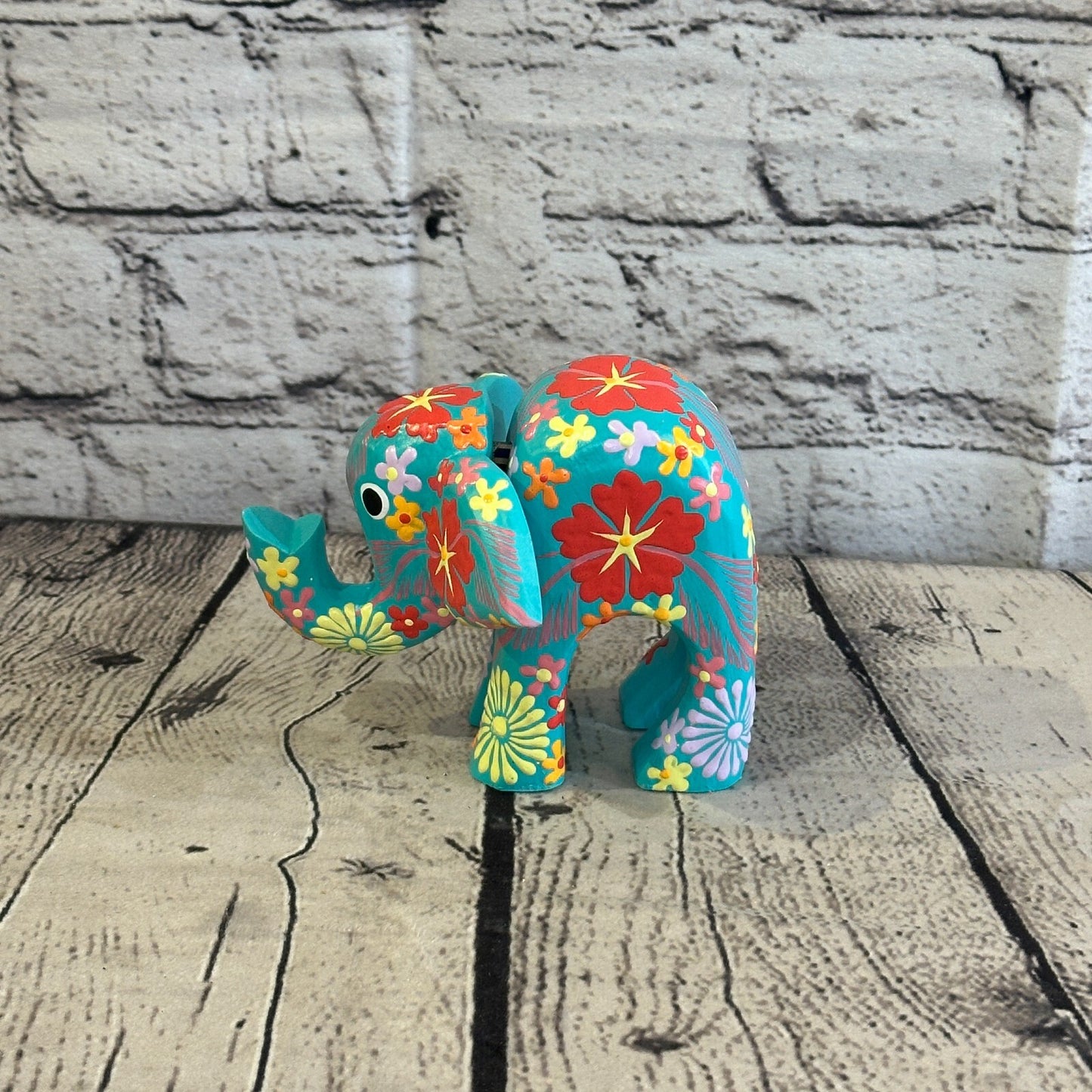 Blue Wooden Elephant With Flower Pattern 10cm x 12cm Handmade and Fairtrade