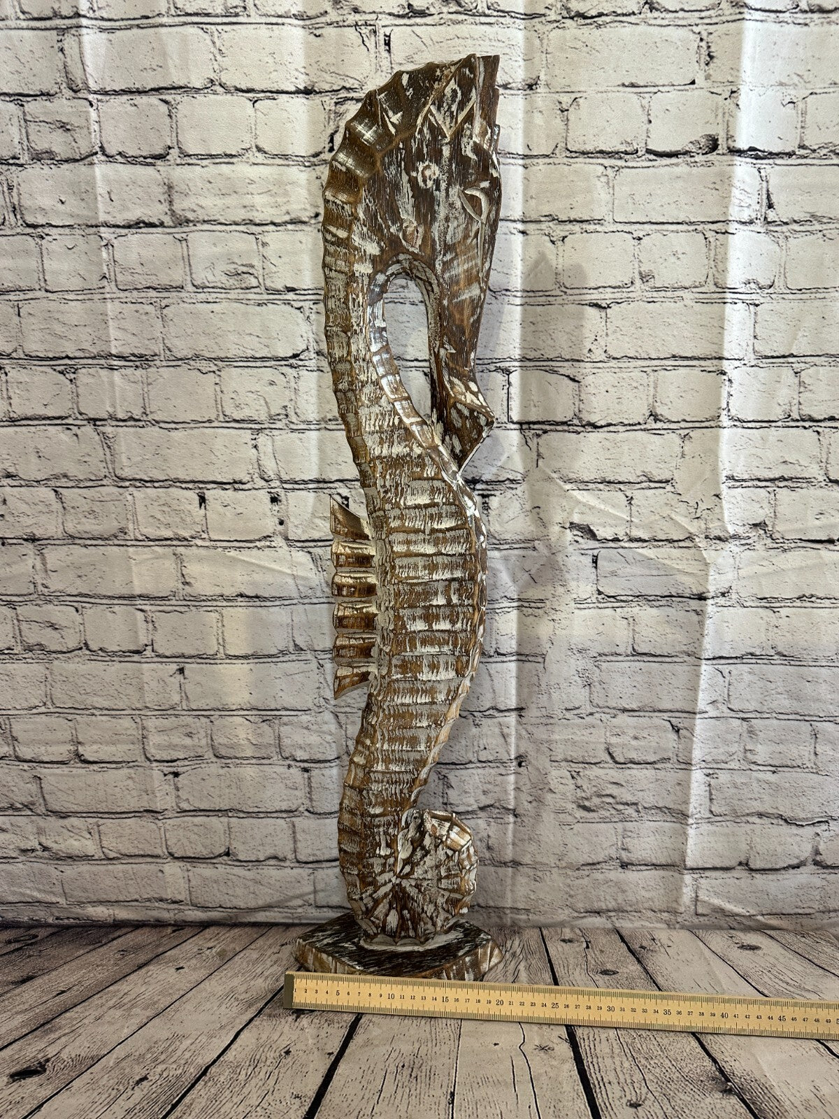 80cm Brown Plain Wooden Shabby Seahorse Statue Ornament Fair Trade Handcarved